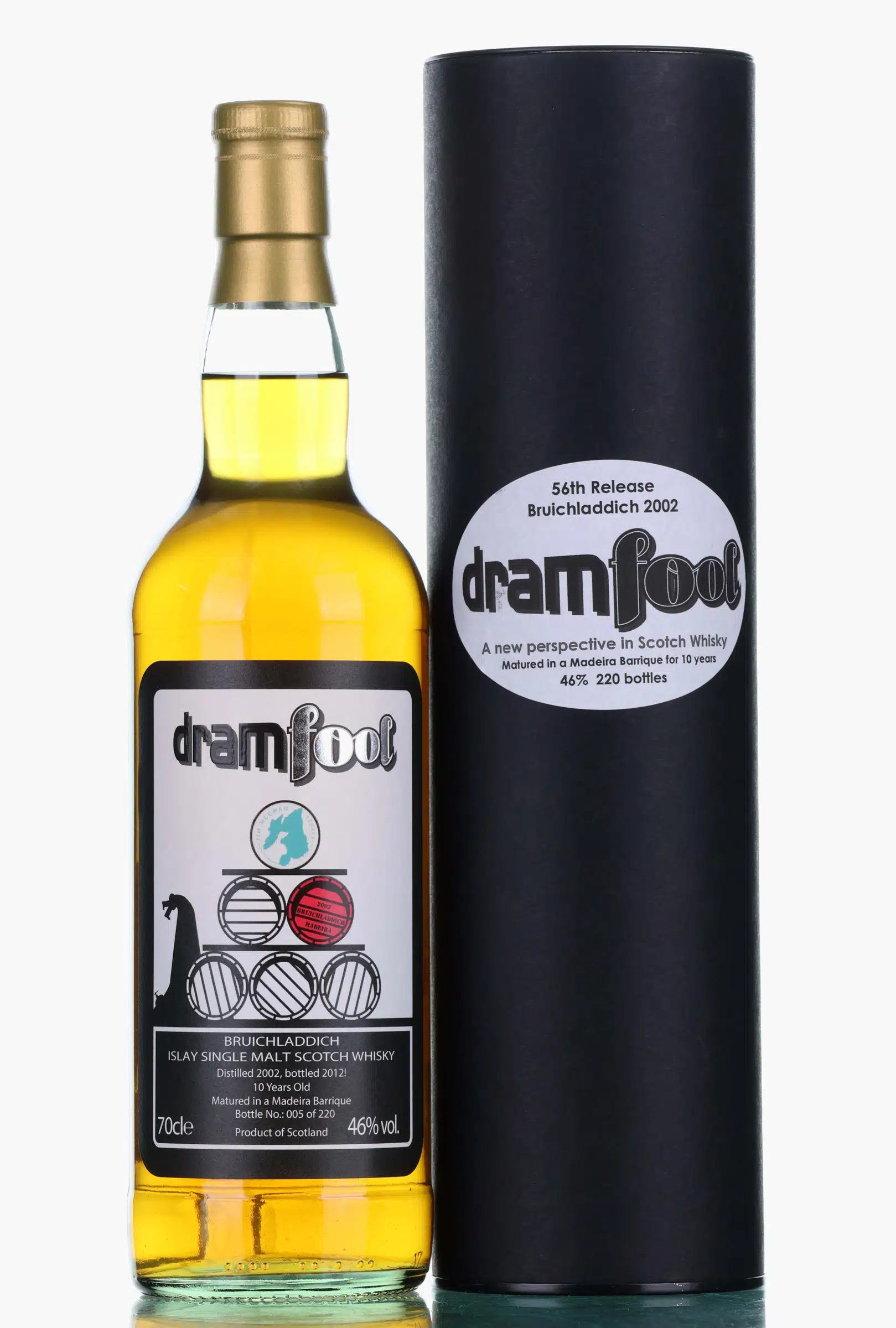 Bruichladdich 56th Release 10 Year Old, Madeira Cask, 2002, Dramfool, 46% whisky bottle