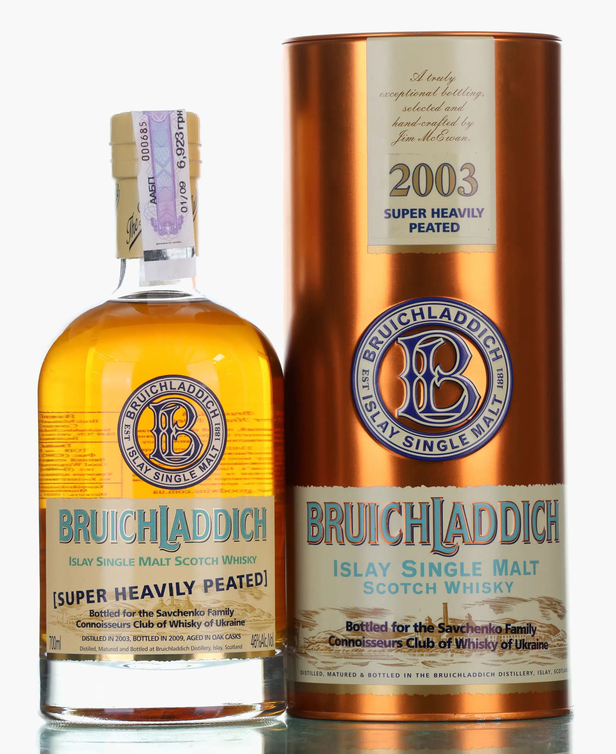 Bruichladdich Super Heavily Peated 6 Year Old, Bourbon & Sherry Cask, Cask #1114, 193, 032, 001, 2009, 46% whisky bottle