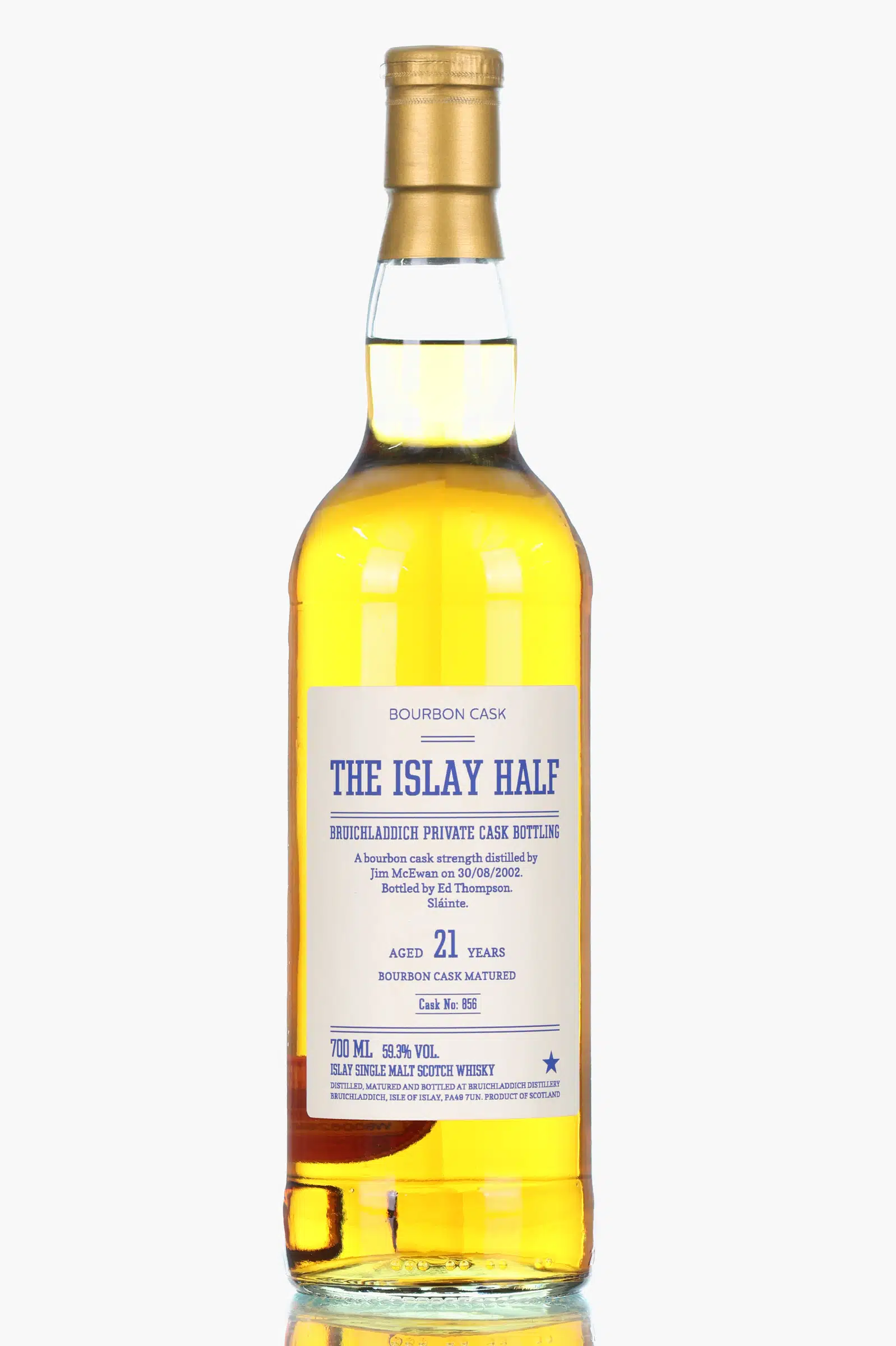 Bruichladdich The Islay Half 21 Year Old, Bourbon Cask, Cask #850, 2002, Ed Thompson, 59.3% whisky bottle