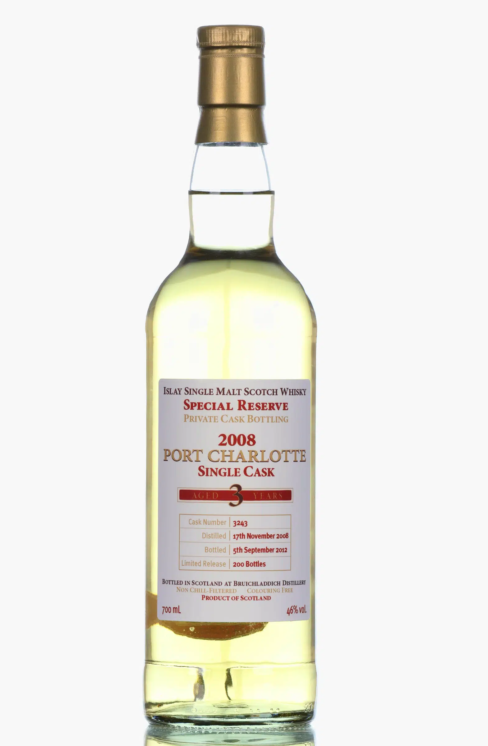 Port Charlotte 2008 Private Cask Bottling 3 Year Old, Cask #3243, 2012, 46% whisky bottle