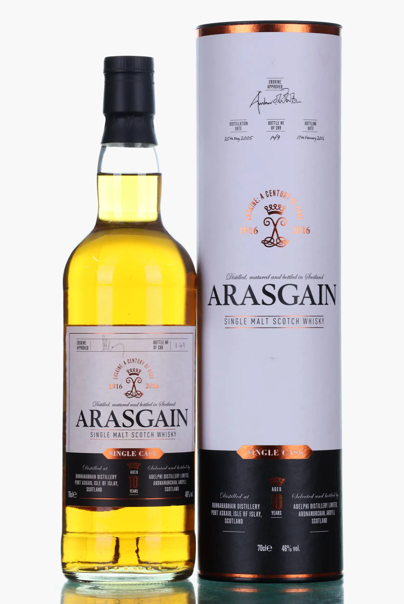 Bunnahabhain Arasgain 10 Year Old, Ex-Sherry Hogshead Cask, 2005, Adelphi, 46% whisky bottle