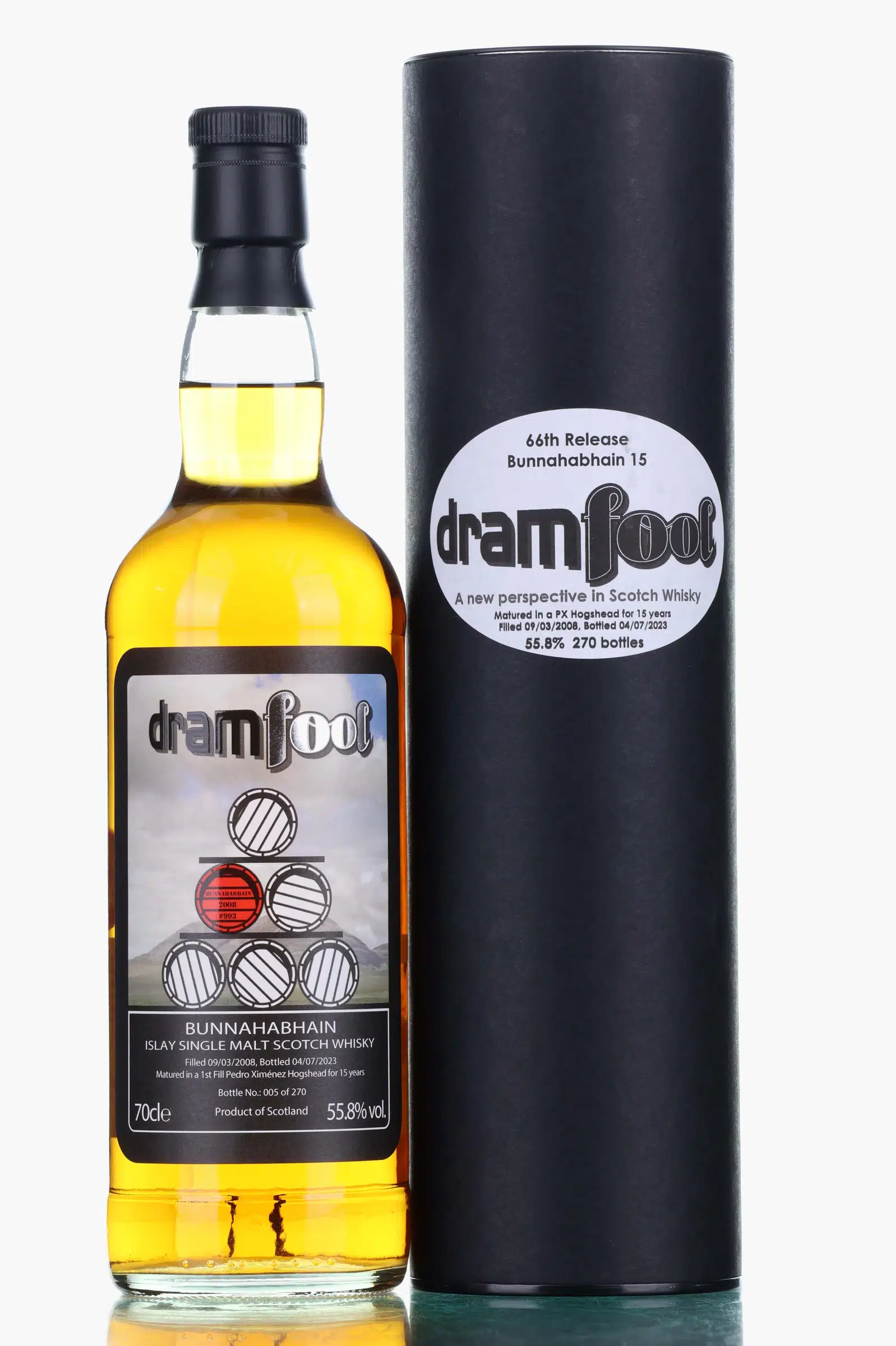 Bunnahabhain 66th Release 15 Year Old, Pedro Ximénez Hogshead Cask, No. 66, 2008, Dramfool, 55.8% whisky bottle