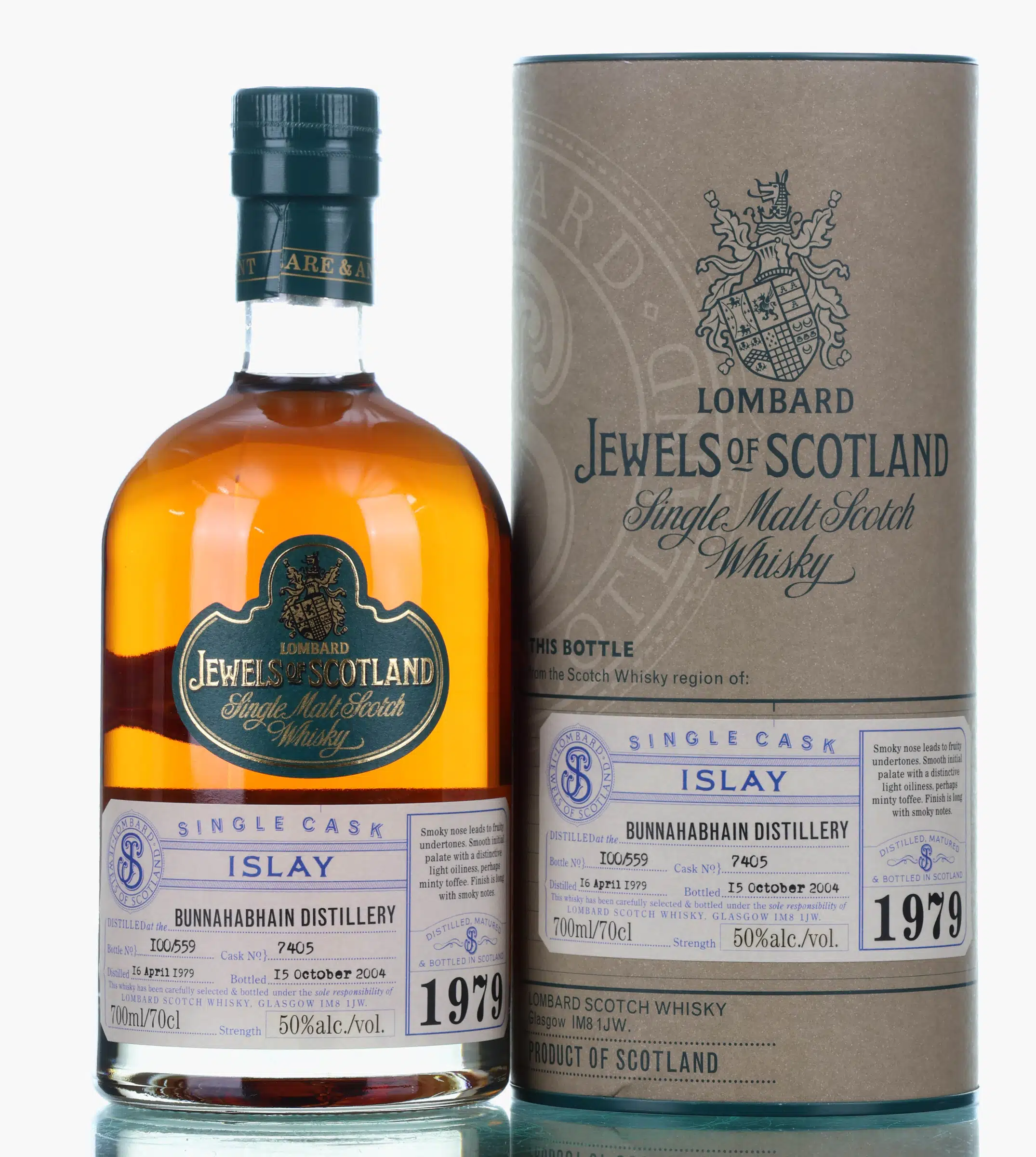 Bunnahabhain Jewels of Scotland 25 Year Old, Sherry Cask, Cask #7405, 1979, Lombard, 50% whisky bottle