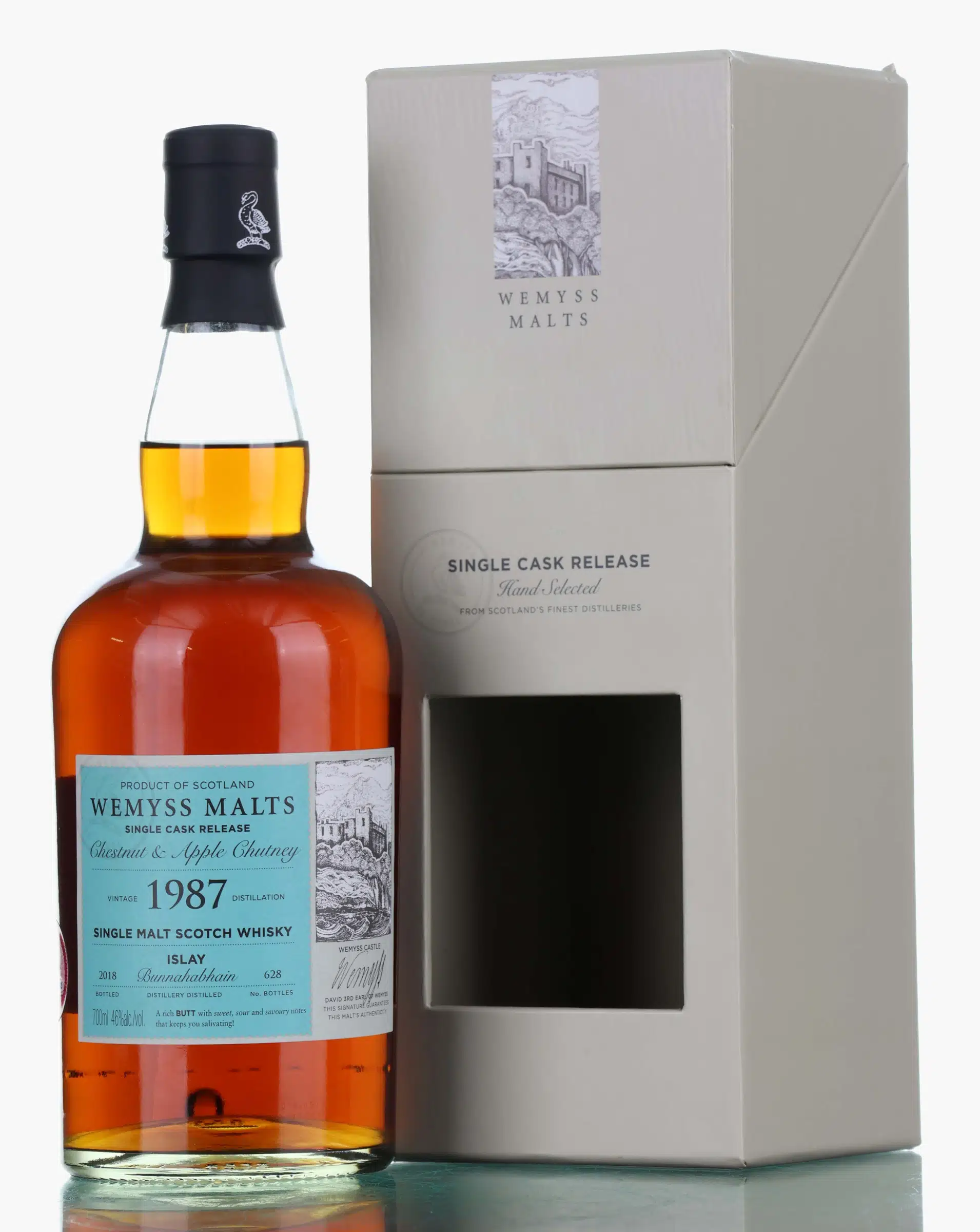 Bunnahabhain Chestnut & Apple Chutney 31 Year Old, Sherry Cask, 1987, Wemyss Malts, 46% whisky bottle