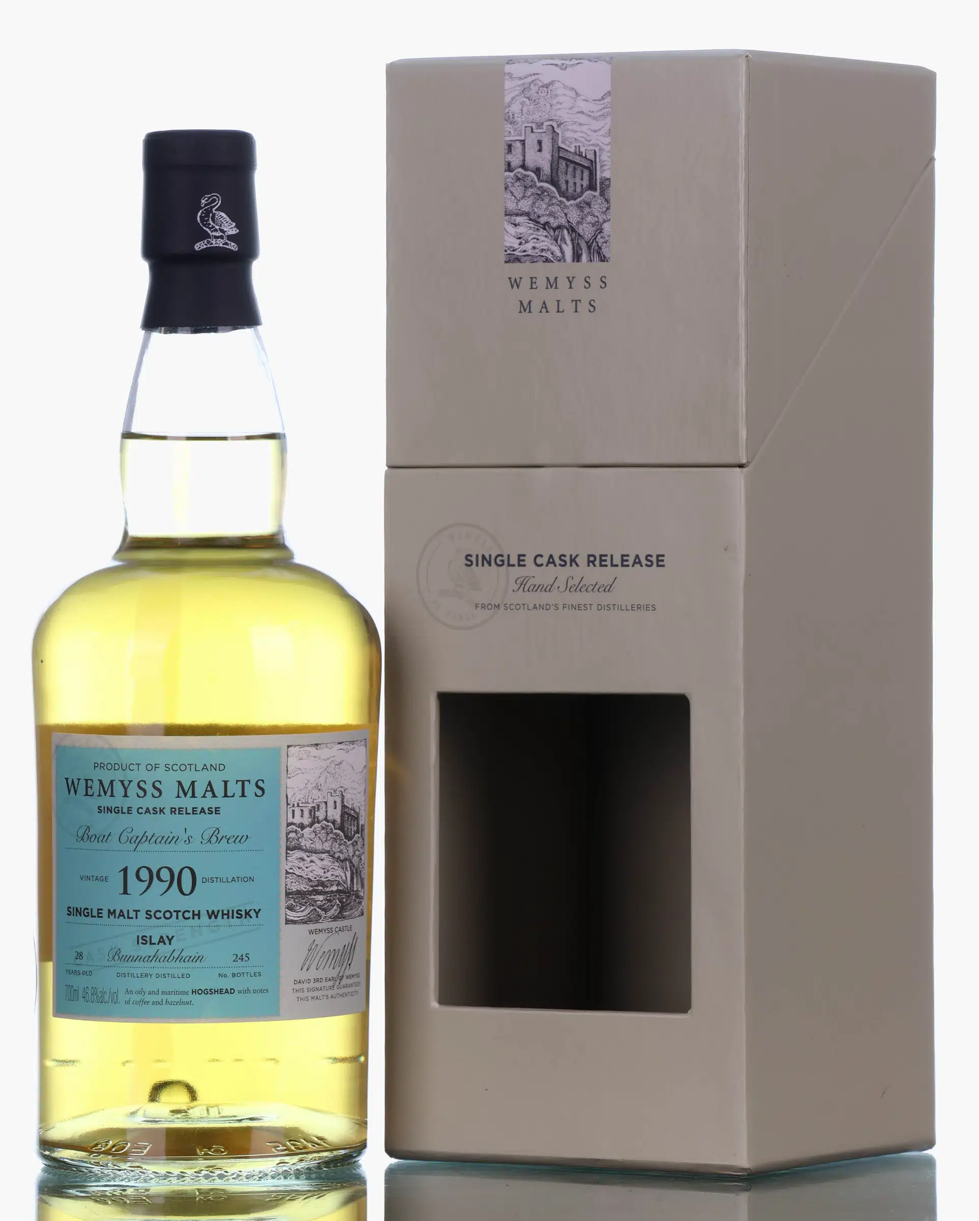 Bunnahabhain Boat Captain's Brew 28 Year Old, Sherry Hogshead Cask, 1990, Wemyss Malts, 46.8% whisky bottle