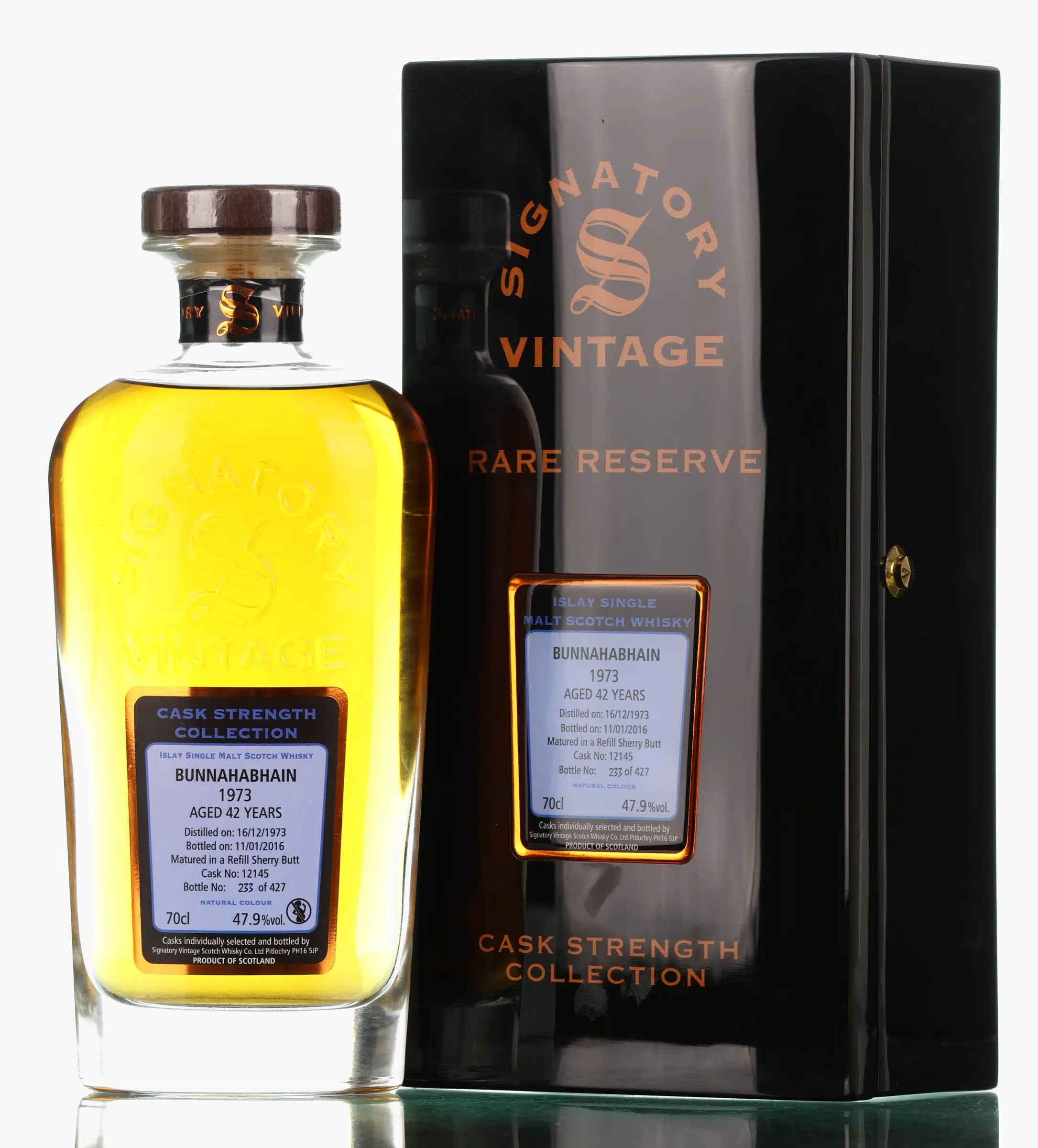 Bunnahabhain Cask Strength Collection Rare Reserve 42 Year Old, Refill Sherry Butt Cask, Cask #12145, 1973, Signatory Vintage, 47.9% whisky bottle