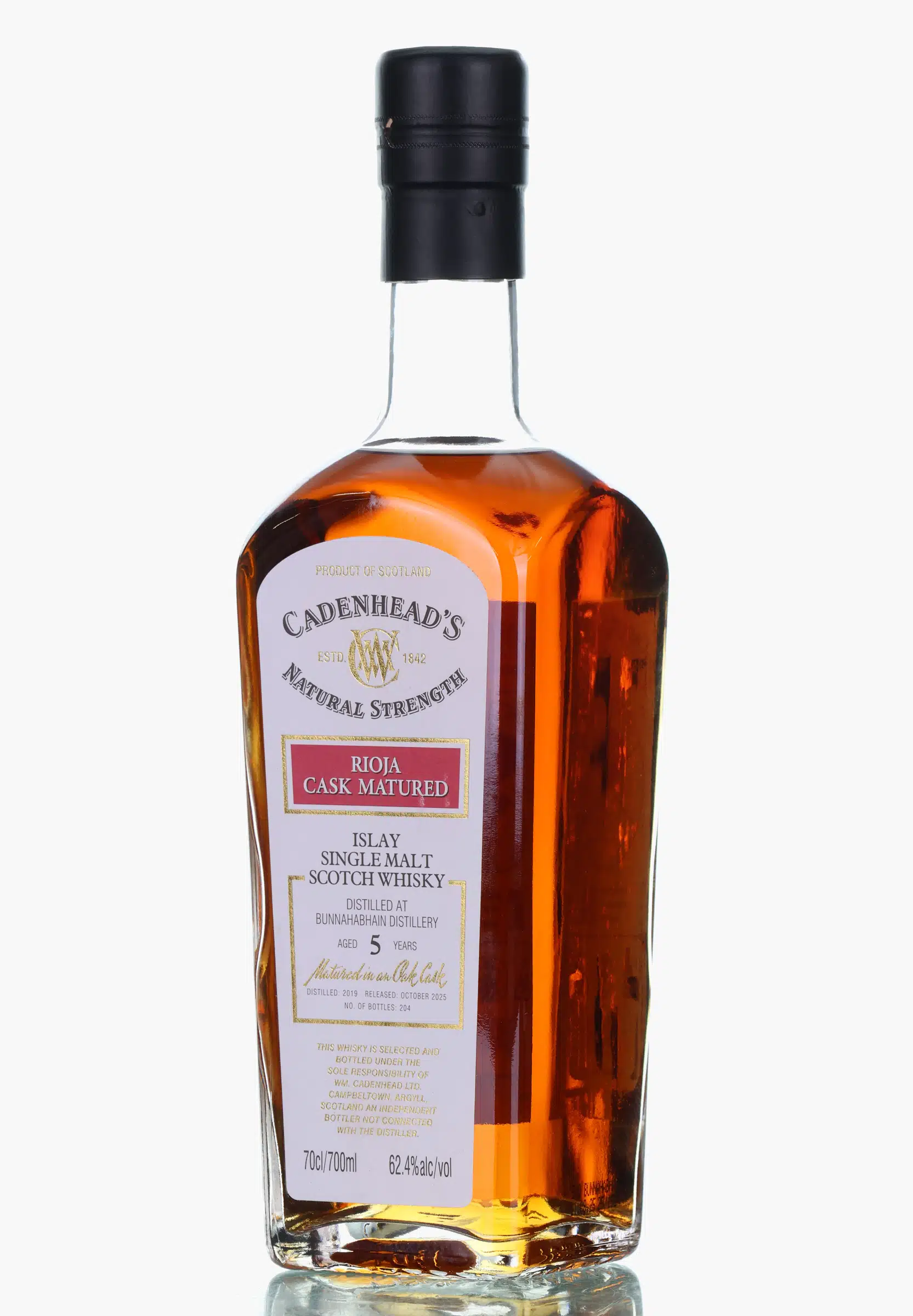 Bunnahabhain Authentic Collection, Natural Strength 5 Year Old, Rioja Cask, 2019, Cadenhead's, 62.4% whisky bottle