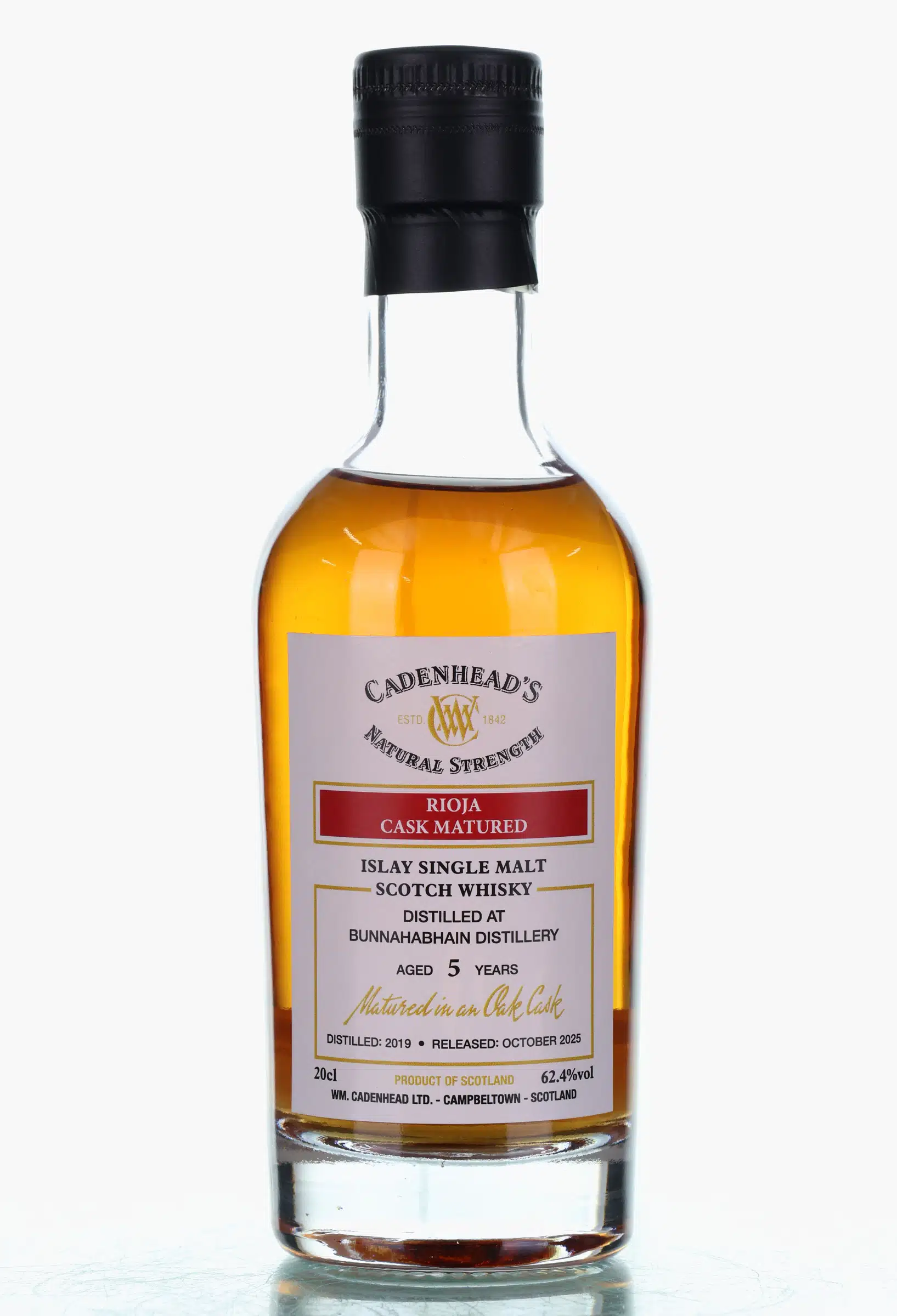Bunnahabhain Natural Strength 5 Year Old, Rioja Cask, 2019, Cadenhead's, 62.4% whisky bottle