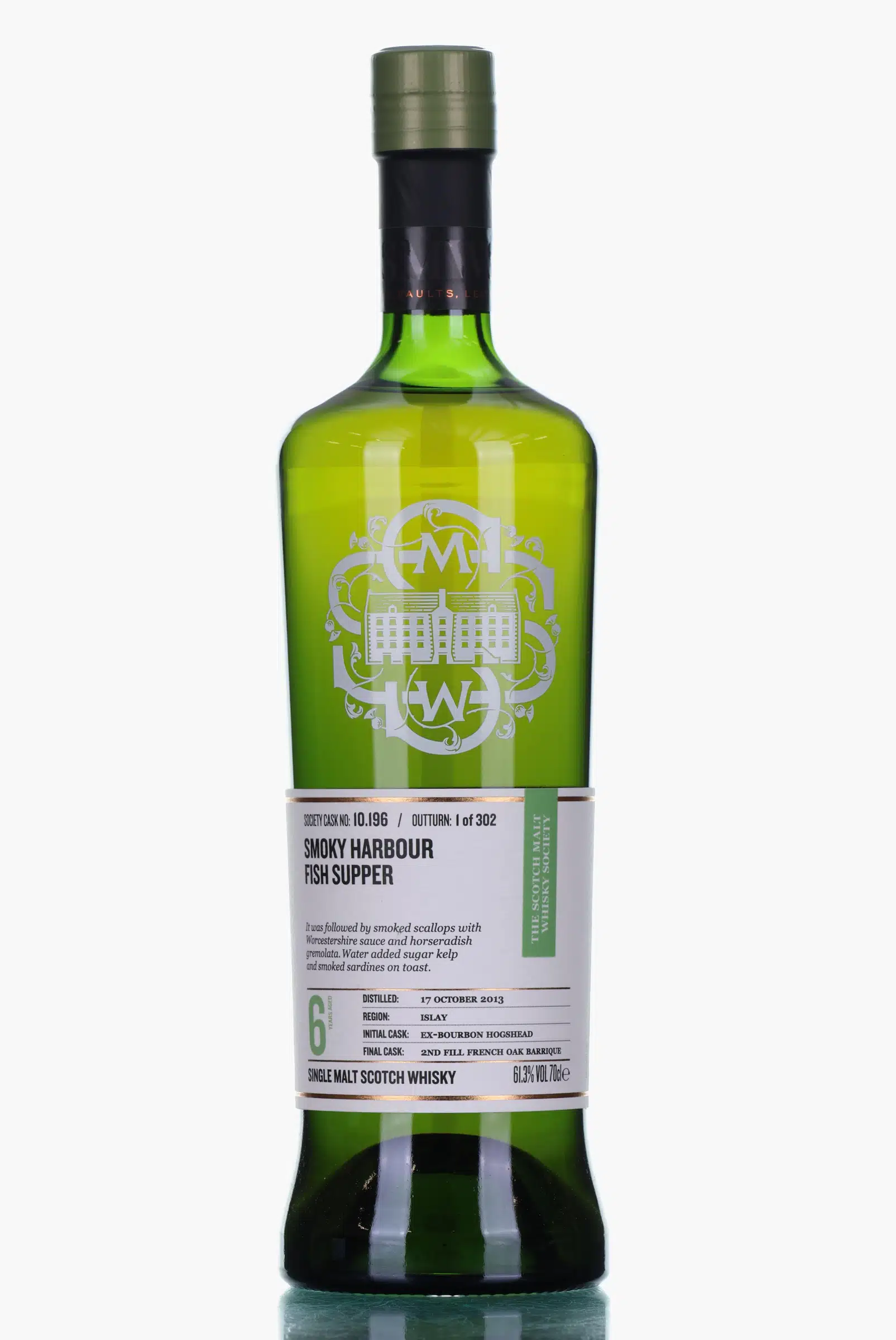 Bunnahabhain Smoky Harbour Fish Supper 6 Year Old, French Oak Cask, Cask #10.196, 2013, The Scotch Malt Whisky Society, 61.3% whisky bottle