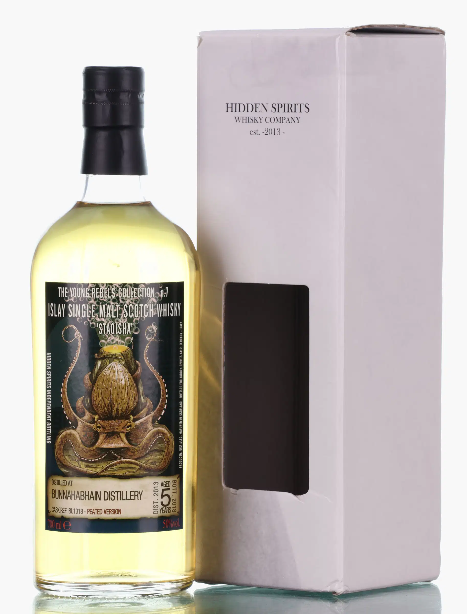 Bunnahabhain Staoisha The Young Rebels Collection 5 Year Old, Cask #BU1318, Batch No. 7, 2013, Hidden Spirits, 50% whisky bottle