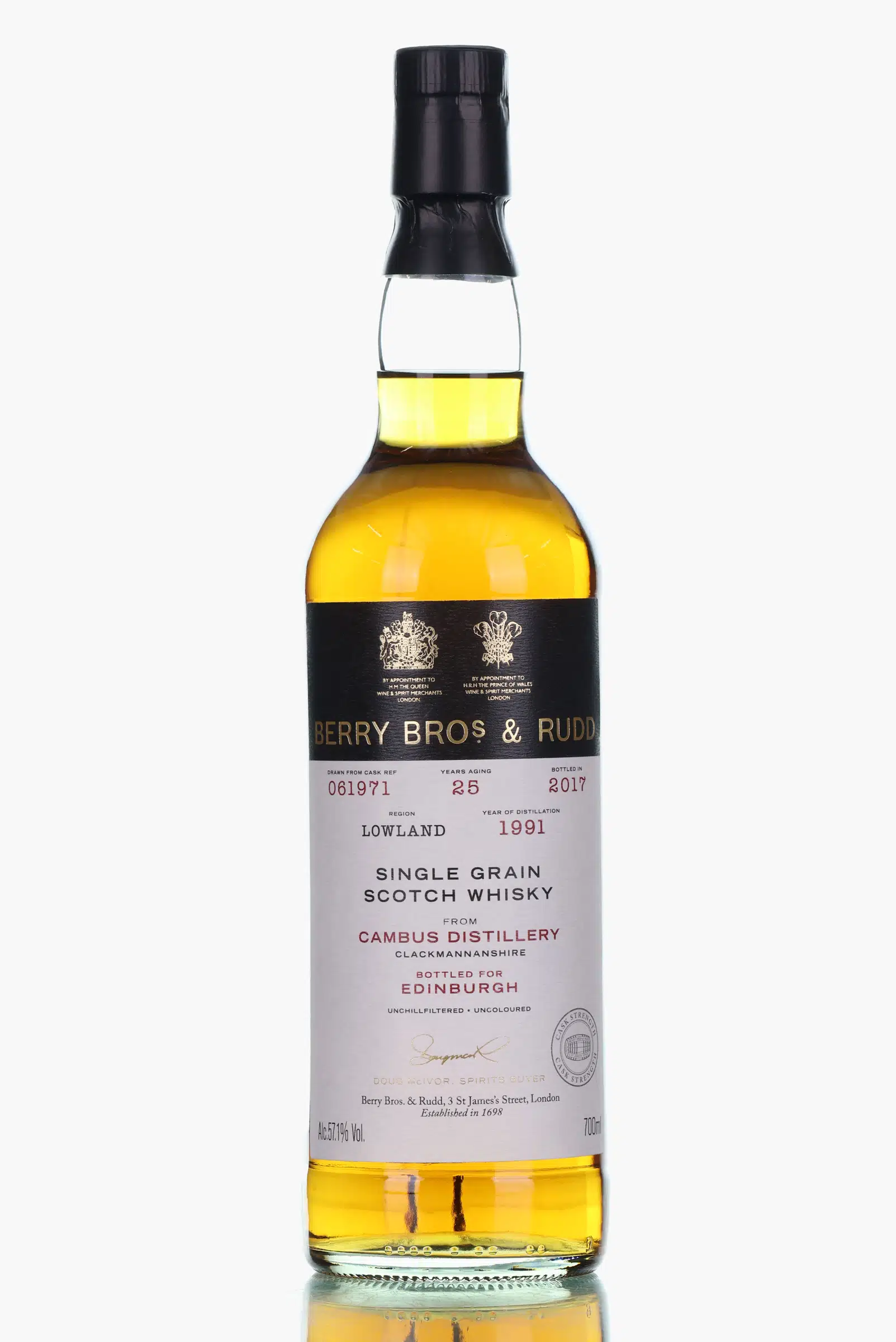 Cambus Edinburgh Exclusive 25 Year Old, Bourbon Cask, Cask #061971, 1991, Berry Bros & Rudd, 57.1% whisky bottle