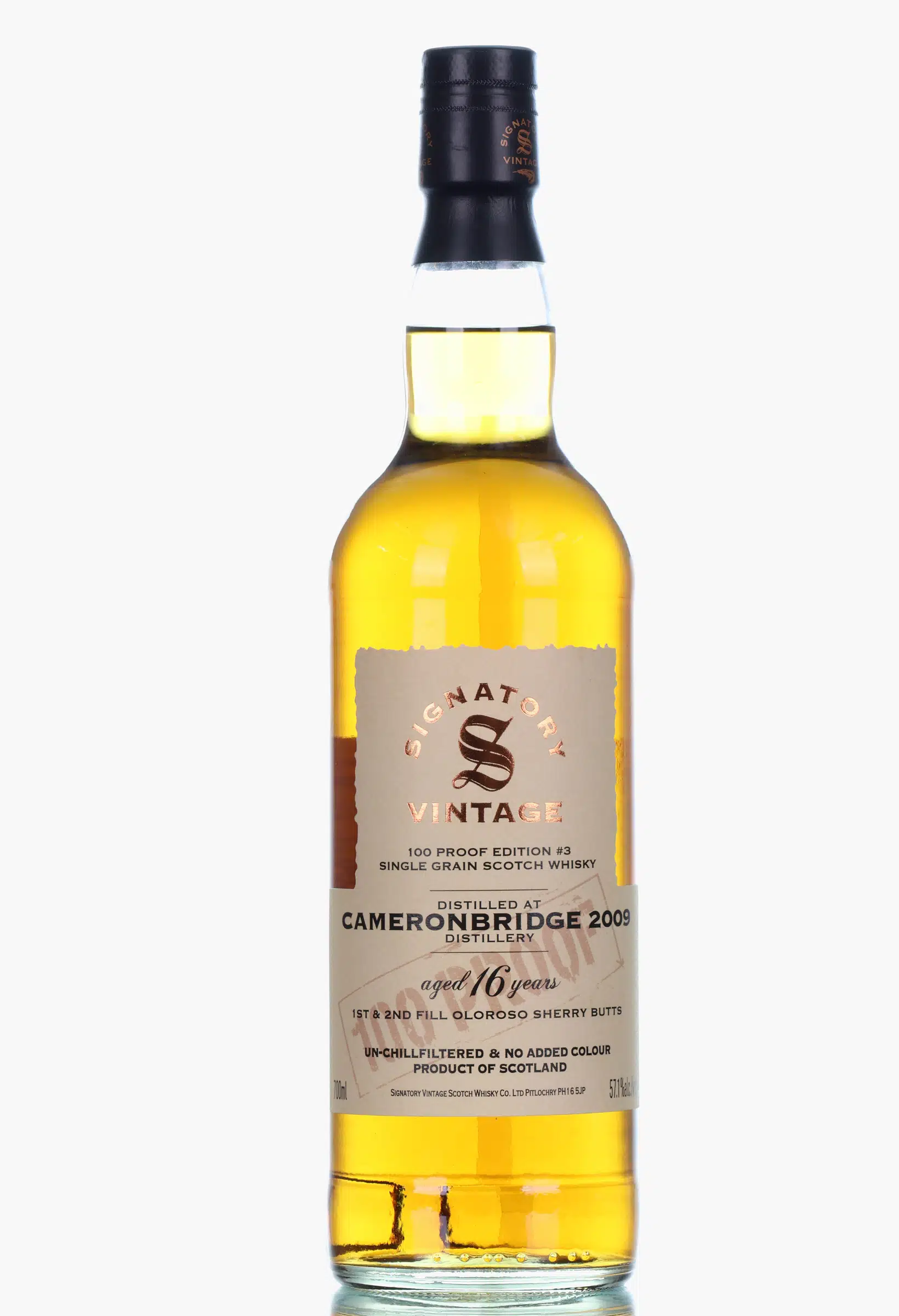 Cameronbridge 100 Proof Edition No. 3 16 Year Old, Sherry Cask, 2009, Signatory Vintage, 57.1% whisky bottle