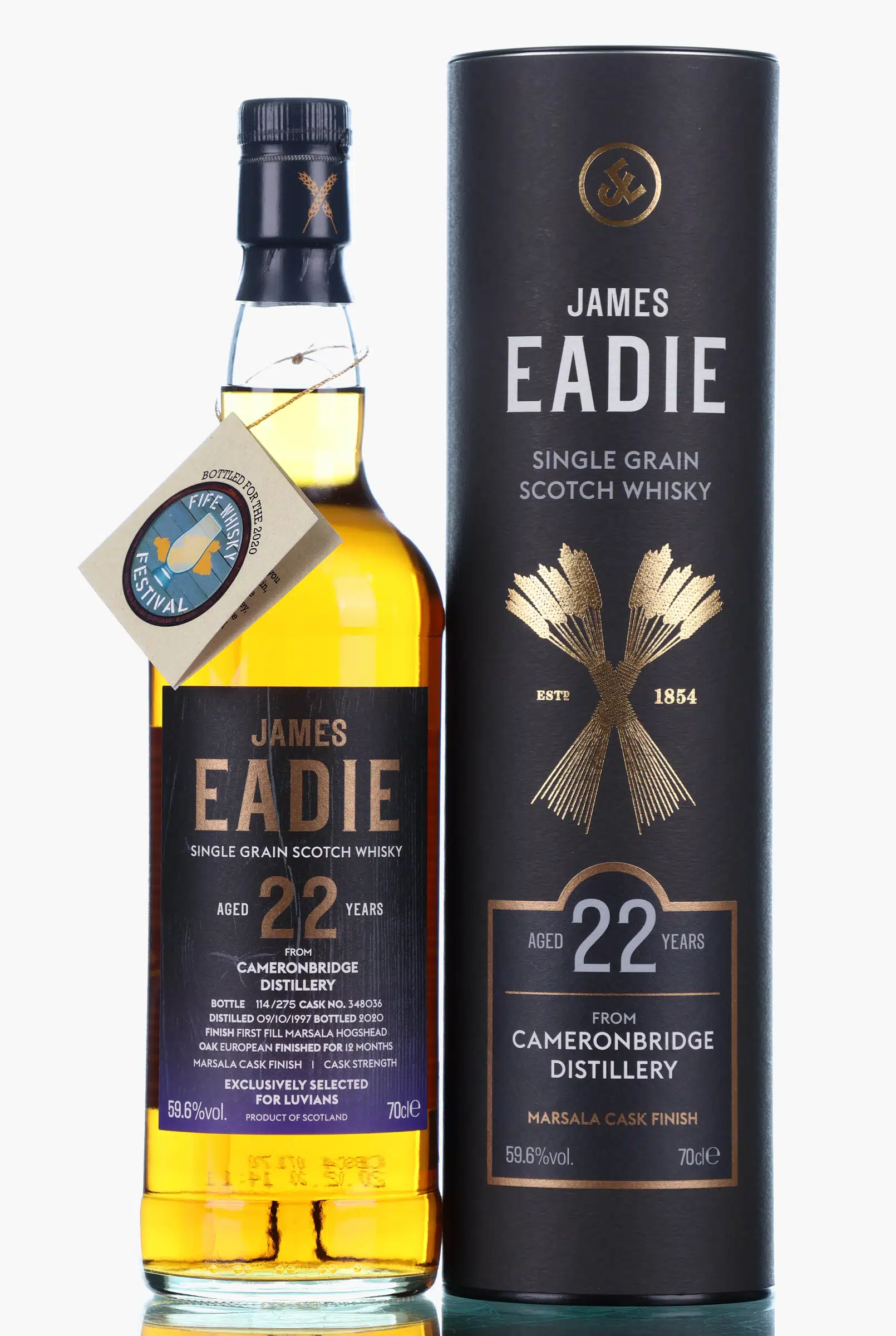 Cameronbridge 22 Year Old, Marsala Cask, Cask #348036, 1997, James Eadie, 59.6% whisky bottle