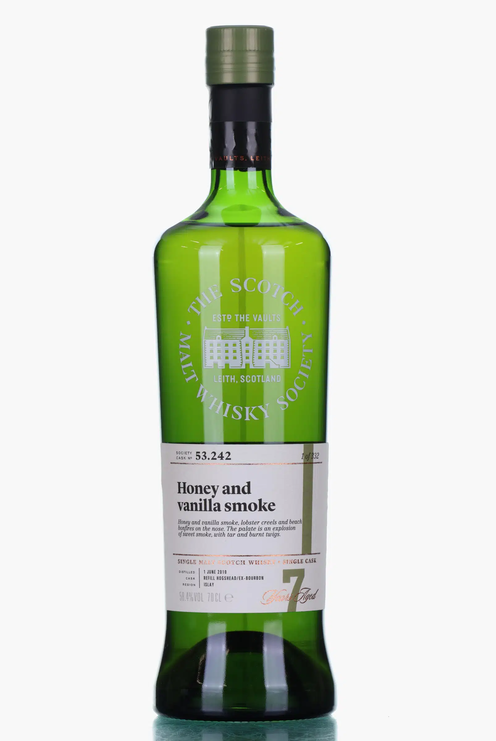 Caol Ila Honey & Vanilla Smoke 7 Year Old, Refill Bourbon Cask, Cask #53.242, 2010, The Scotch Malt Whisky Society, 58.4% whisky bottle