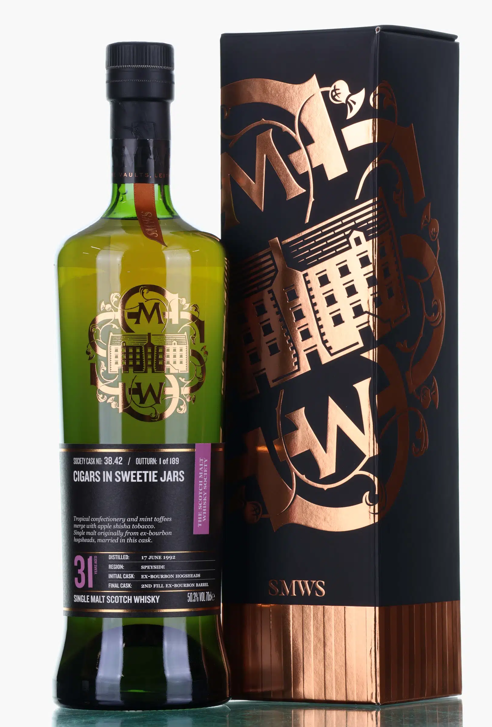 Caperdonich Cigars in Sweetie Jars 31 Year Old, Bourbon Cask, Cask #38.42, 1992, The Scotch Malt Whisky Society, 50.3% whisky bottle