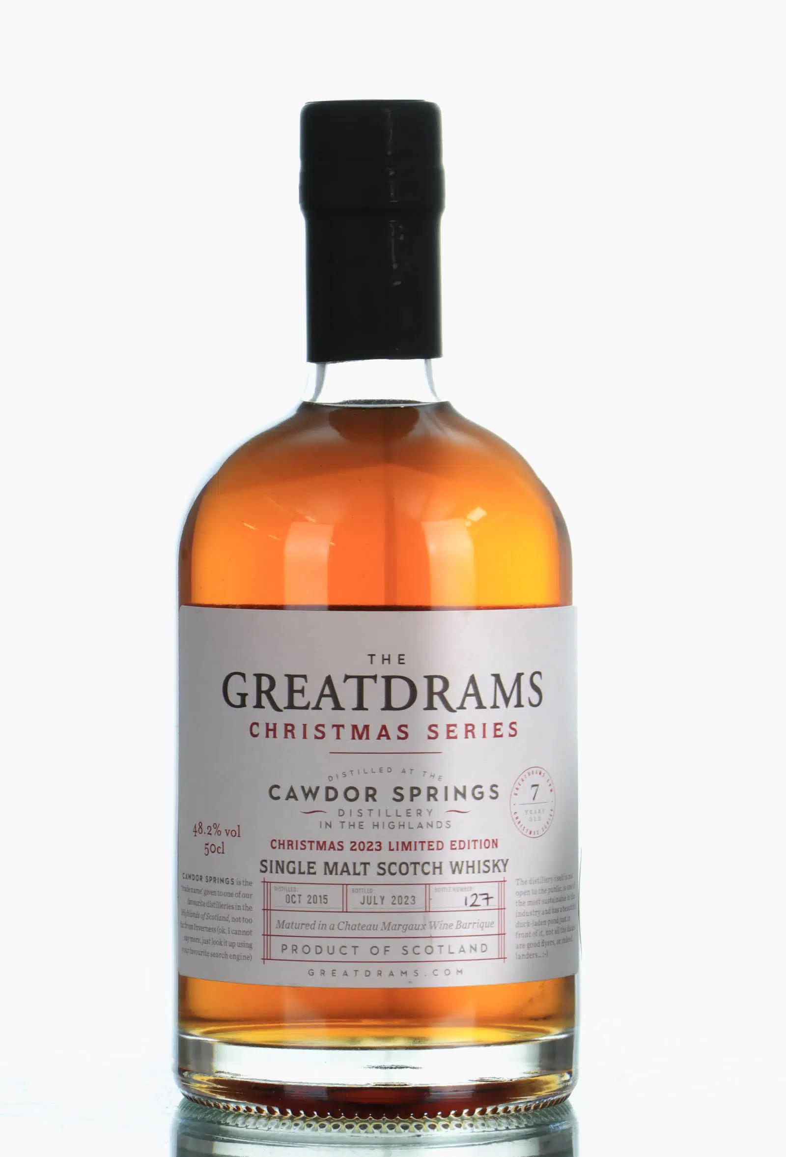 Royal Brackla Cawdor Springs Christmas Series 7 Year Old, Chateau Margaux Wine Barrique Cask, Cask #127, 2015, Greatdrams, 48.2% whisky bottle