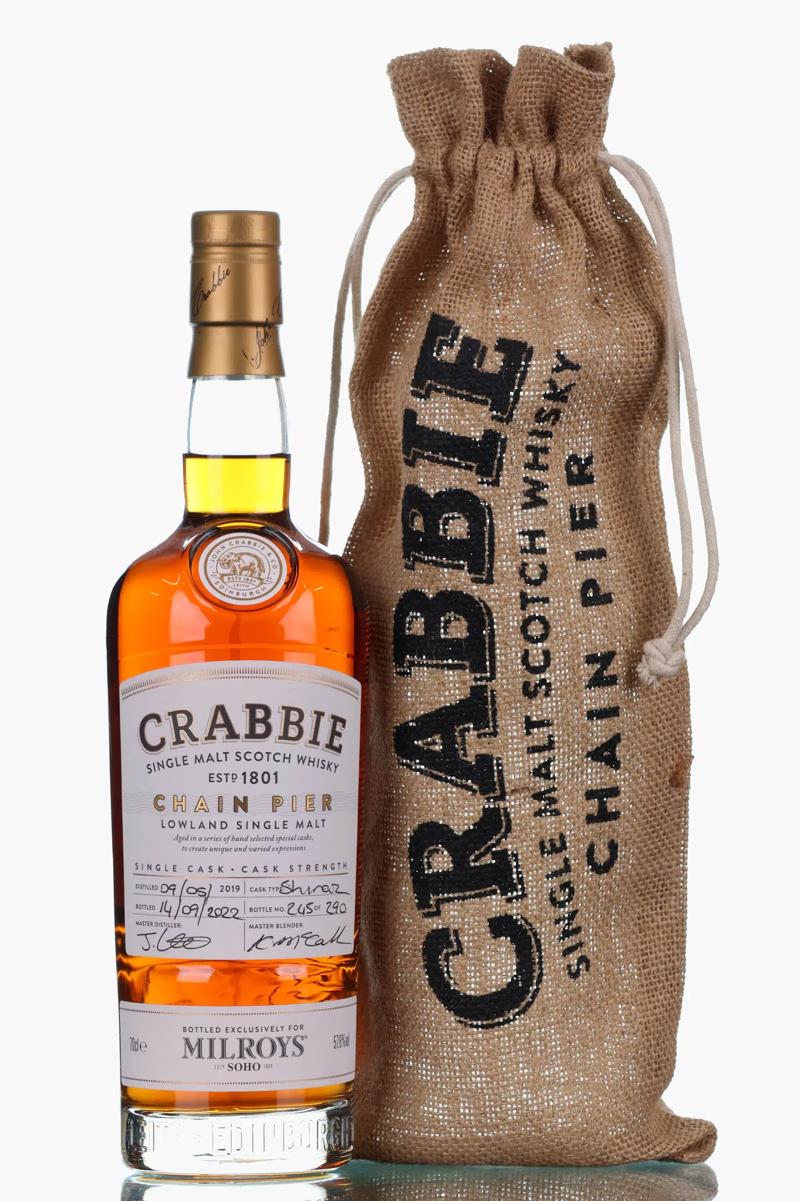 Crabbie Chain Pier 3 Year Old, Shiraz Cask, Cask #203, 2019, Milroys of Soho, 57.8% whisky bottle