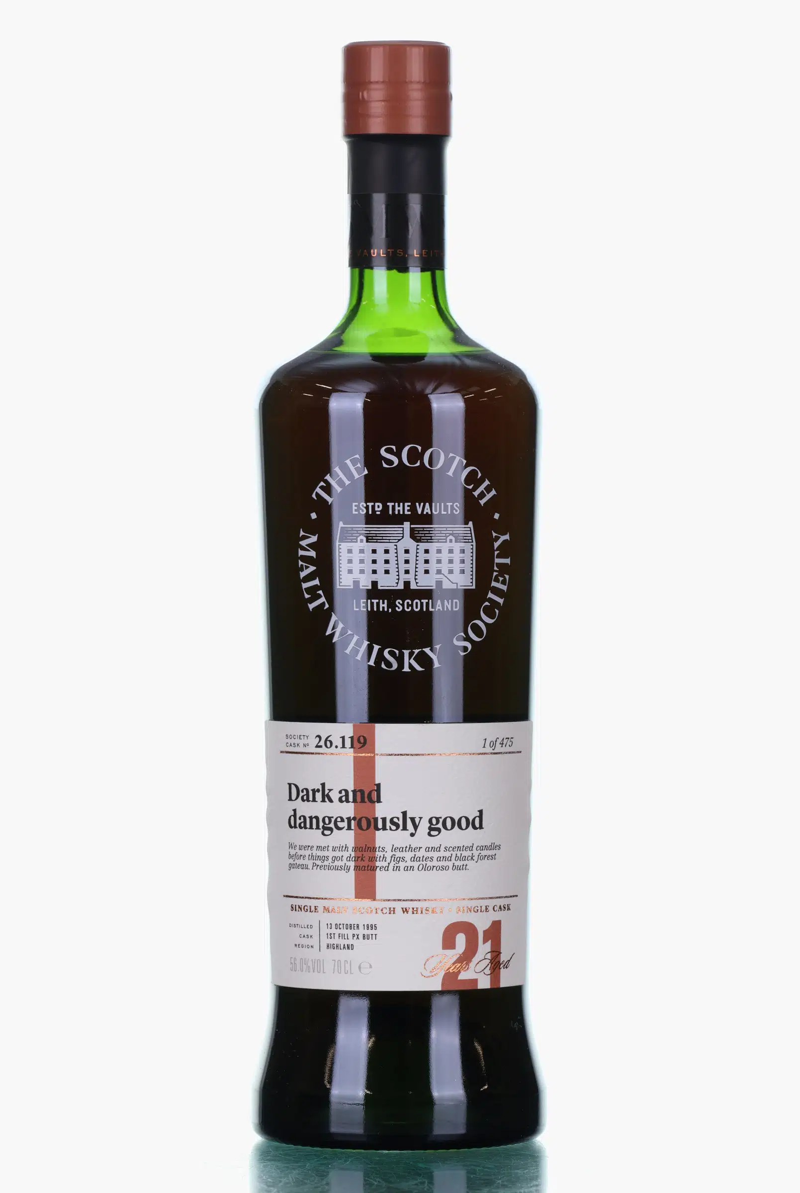 Clynelish Dark & Dangerously Good 21 Year Old, Pedro Ximenez Butt, Cask #26.119, 1995, The Scotch Malt Whisky Society, 56% whisky bottle