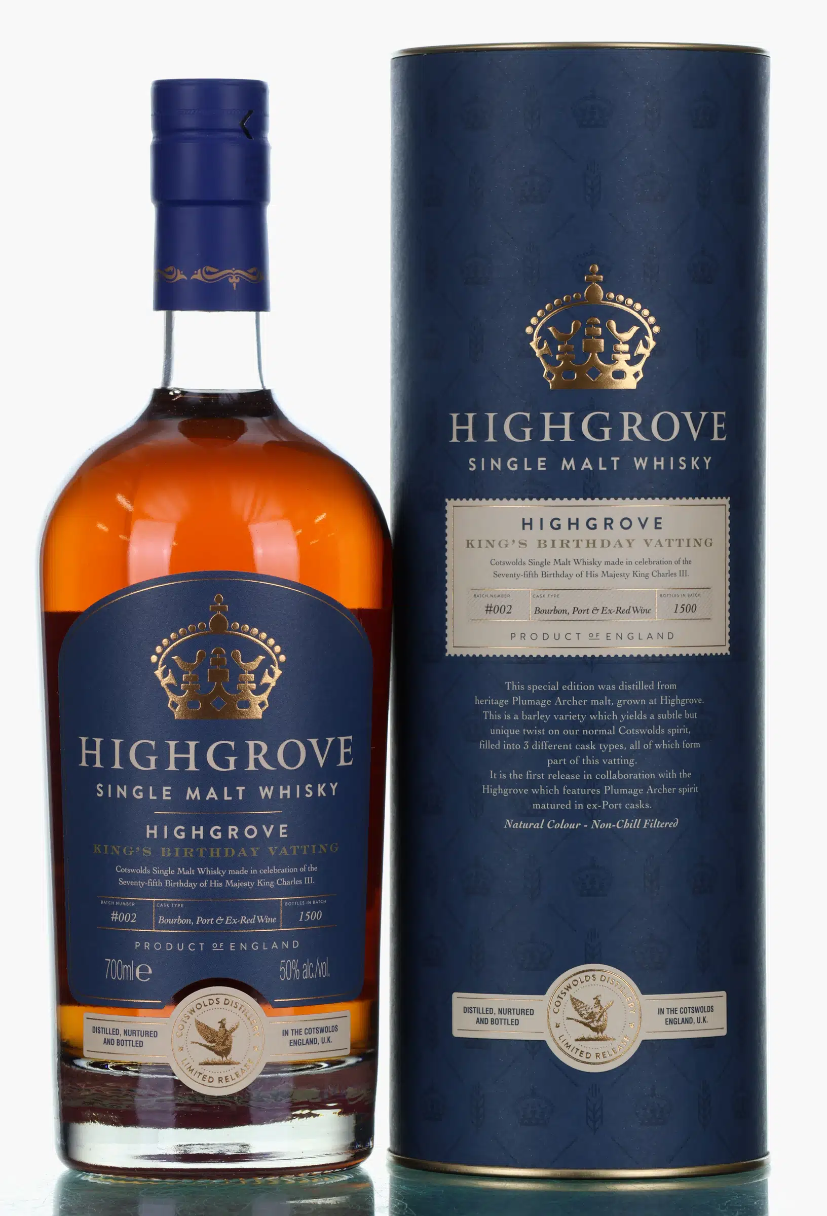 Cotswolds Highgrove Estate King's 75th Birthday 6 Year Old, Bourbon, Port & Ex-Red Wine Cask, Batch No. 2, 2023, 50% whisky bottle