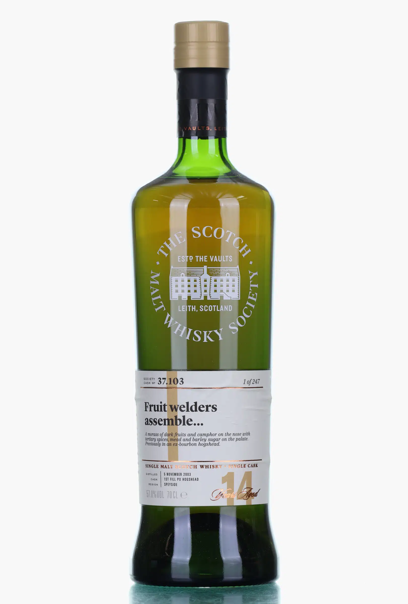 Cragganmore Fruit Welders Assemble 14 Year Old, Sherry Cask, Cask #37.103, 2003, Scotch Malt Whisky Society, 57% whisky bottle