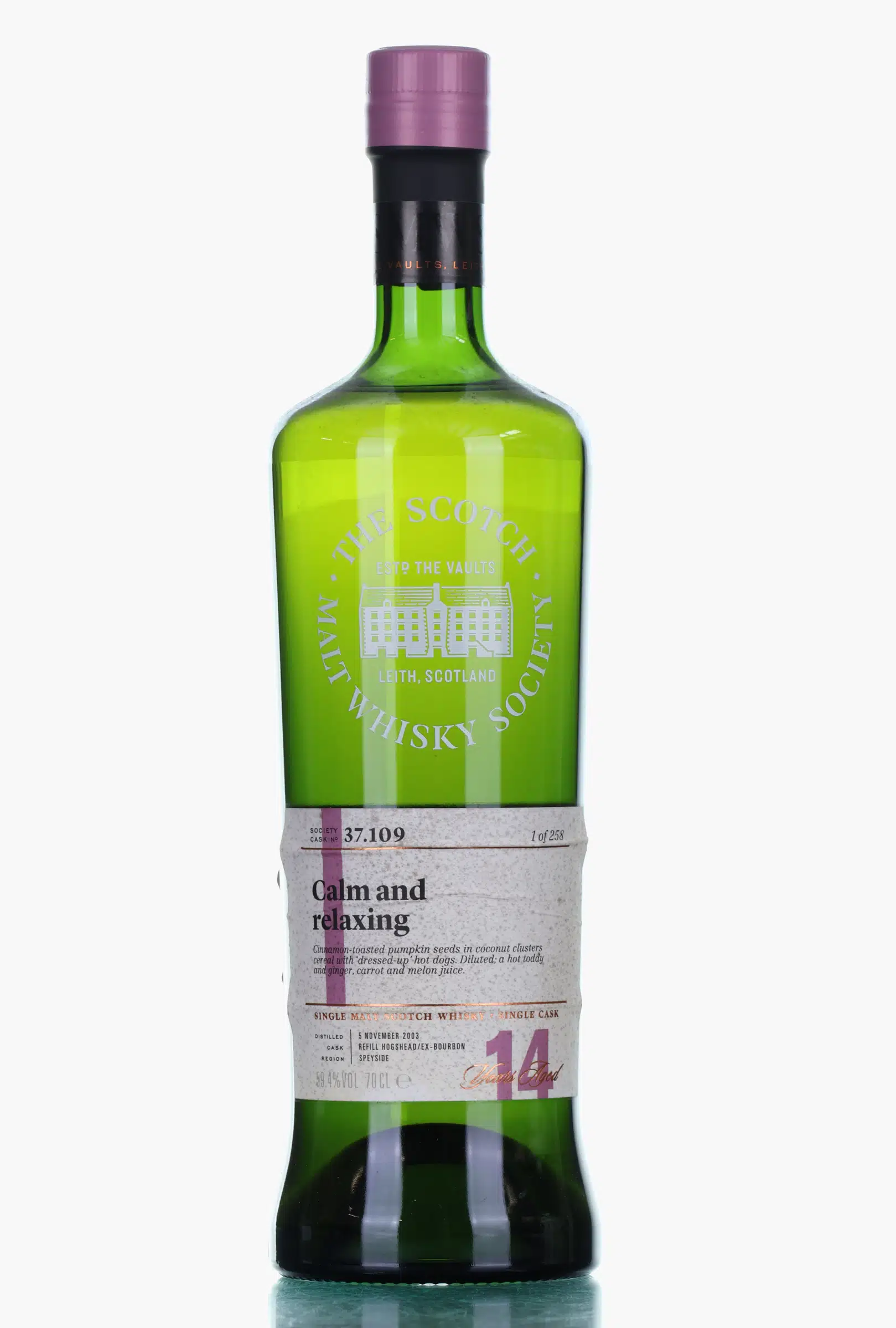 Cragganmore Calm & relaxing 14 Year Old, Bourbon Cask, Cask #37.109, 2003, Scotch Malt Whisky Society (SMWS), 59.4% whisky bottle