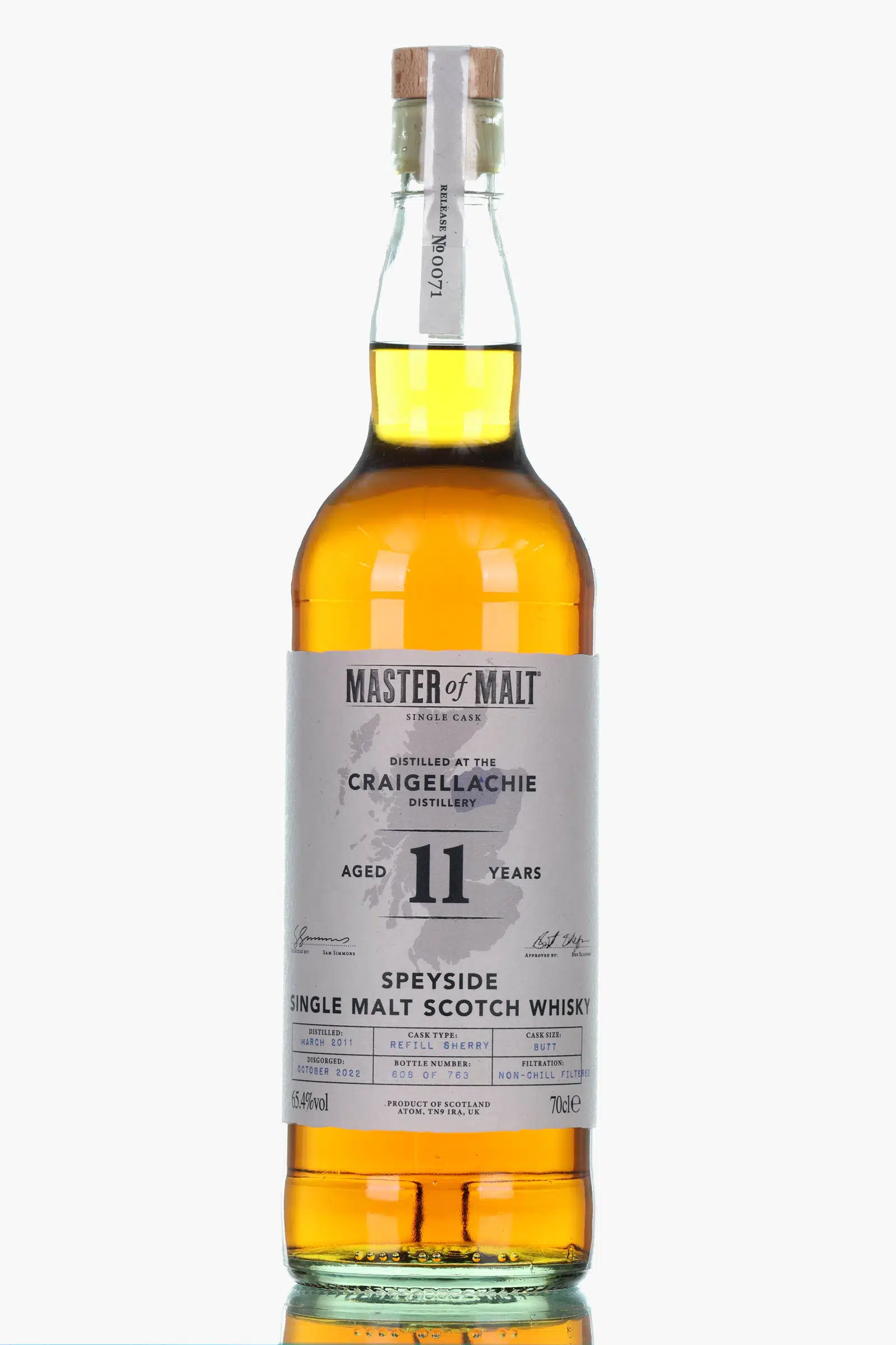 Craigellachie Master of Malt 11 Year Old, Refill Sherry Butt Cask, Cask #40014, Release No. 71, 2011, Master of Malt, 65.4% whisky bottle