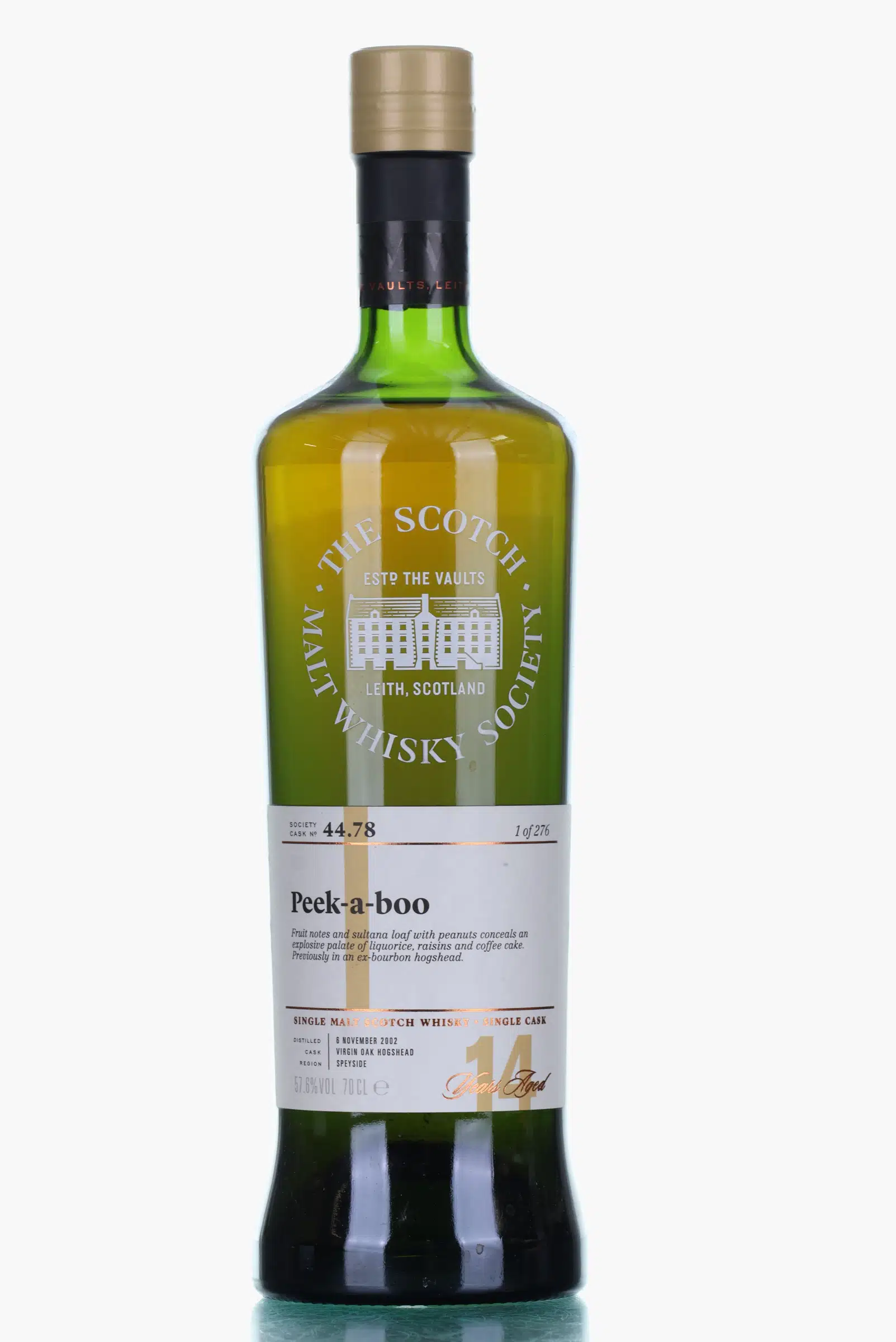 Craigellachie Peek-a-boo 14 Year Old, Virgin Oak Cask, Cask #44.78, 2002, The Scotch Malt Whisky Society, 57.6% whisky bottle