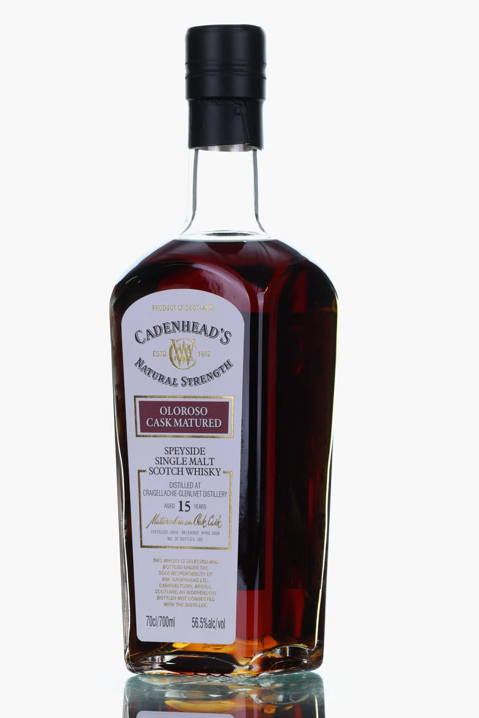 Craigellachie Oloroso Natural Strength 15 Year Old, Hogshead Cask, 2010, Cadenhead's, 56.5% whisky bottle