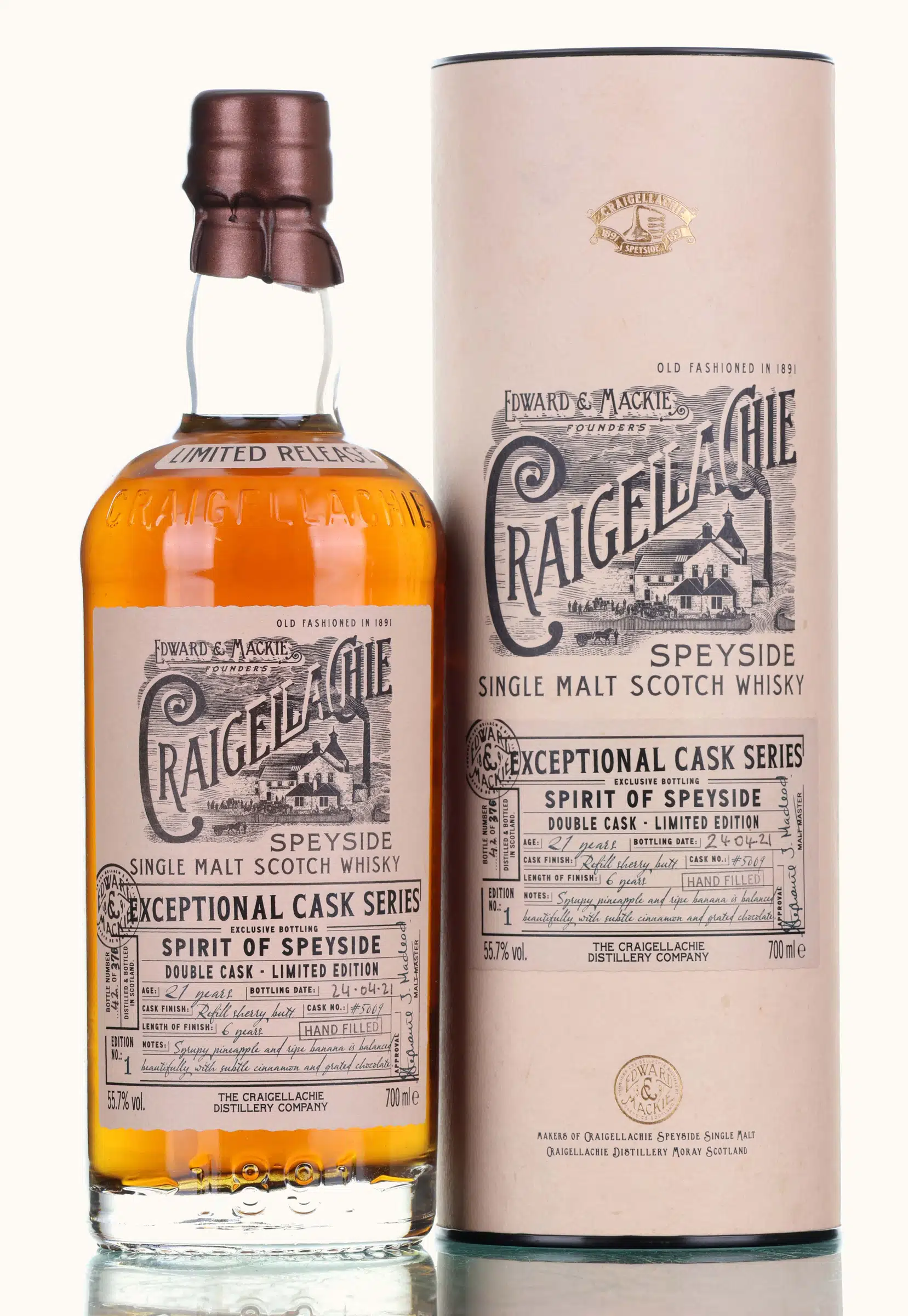 Craigellachie Exceptional Cask Series For Spirit Of Speyside 2021 21 Year Old, Refill Hogshead & Refill Sherry Butt Cask, Cask #5009, 2021, 55.7% whisky bottle