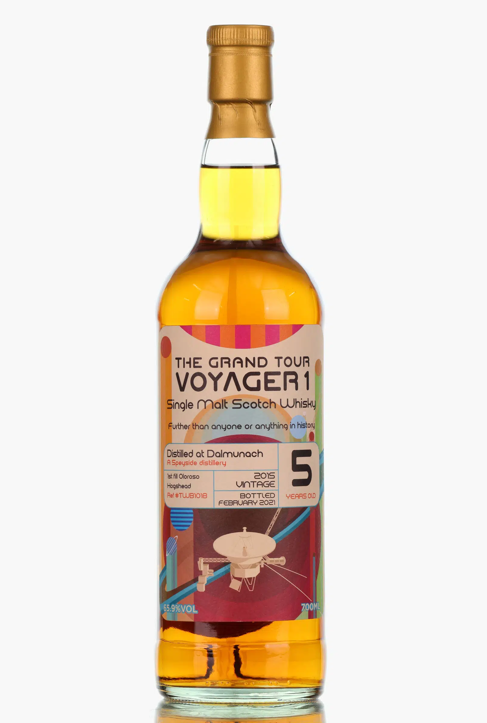 Dalmunach Grand Tour Voyager 1 5 Year Old, Oloroso Hogshead Cask, Cask #1018, 2015, The Whisky Barrel, 65.9% whisky bottle