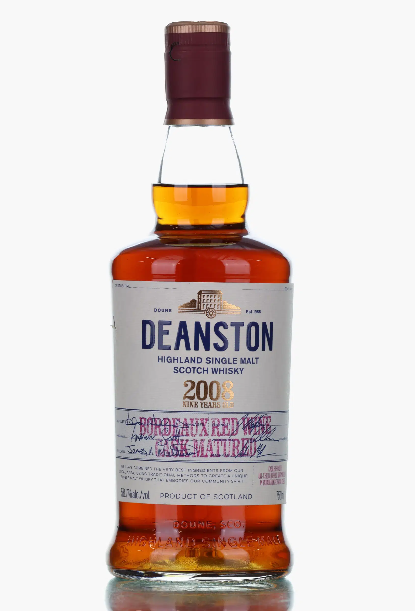Deanston Bordeaux Red Wine Cask Matured 9 Year Old, Wine Cask, 2008, 58.7% whisky bottle