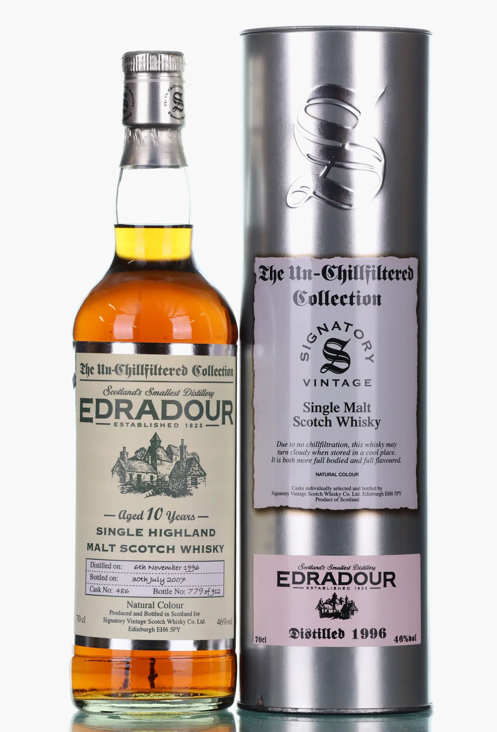 Edradour The Un-Chillfiltered Collection 10 Year Old, Oloroso Sherry Cask, Cask #486, 1996, Signatory Vintage, 46% whisky bottle