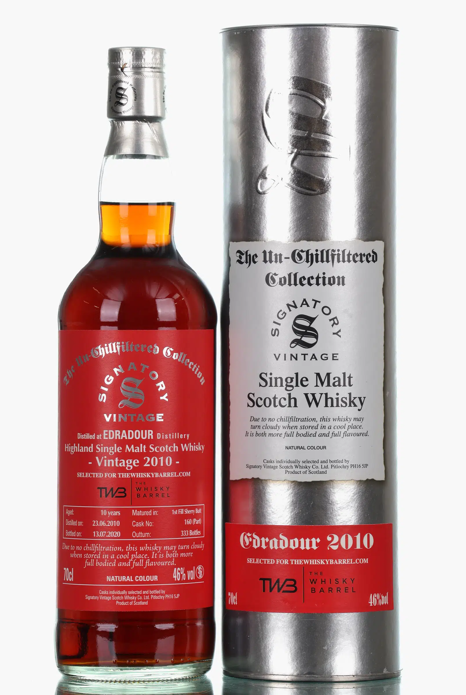 Edradour The Un-Chillfiltered Collection 10 Year Old, Sherry Cask, Cask #160, 2010, Signatory Vintage, 46% whisky bottle