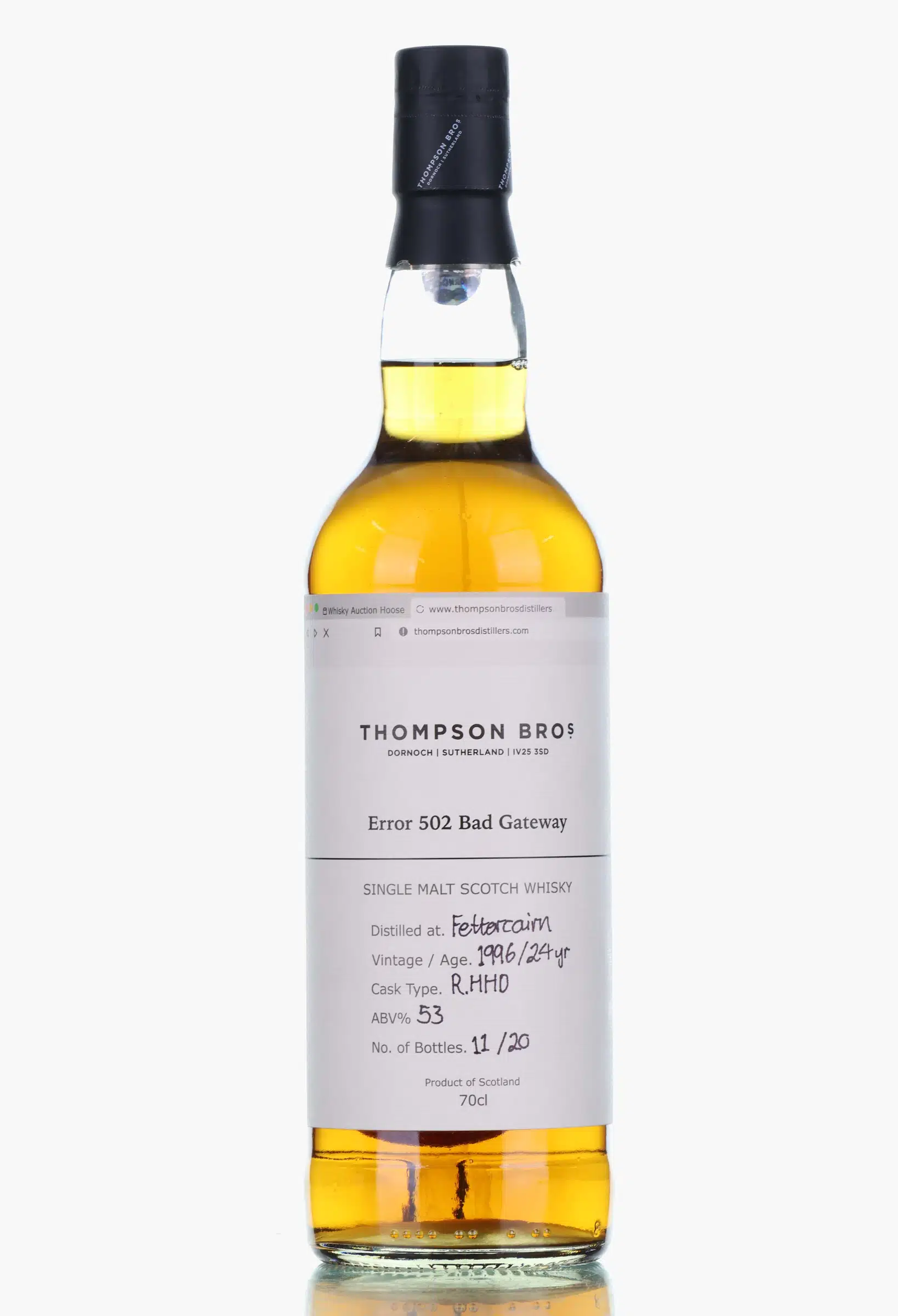 Fettercairn Error 502 Bad Gateway 24 Year Old, Hogshead Cask, 1996, Thompson Bros, 53% whisky bottle