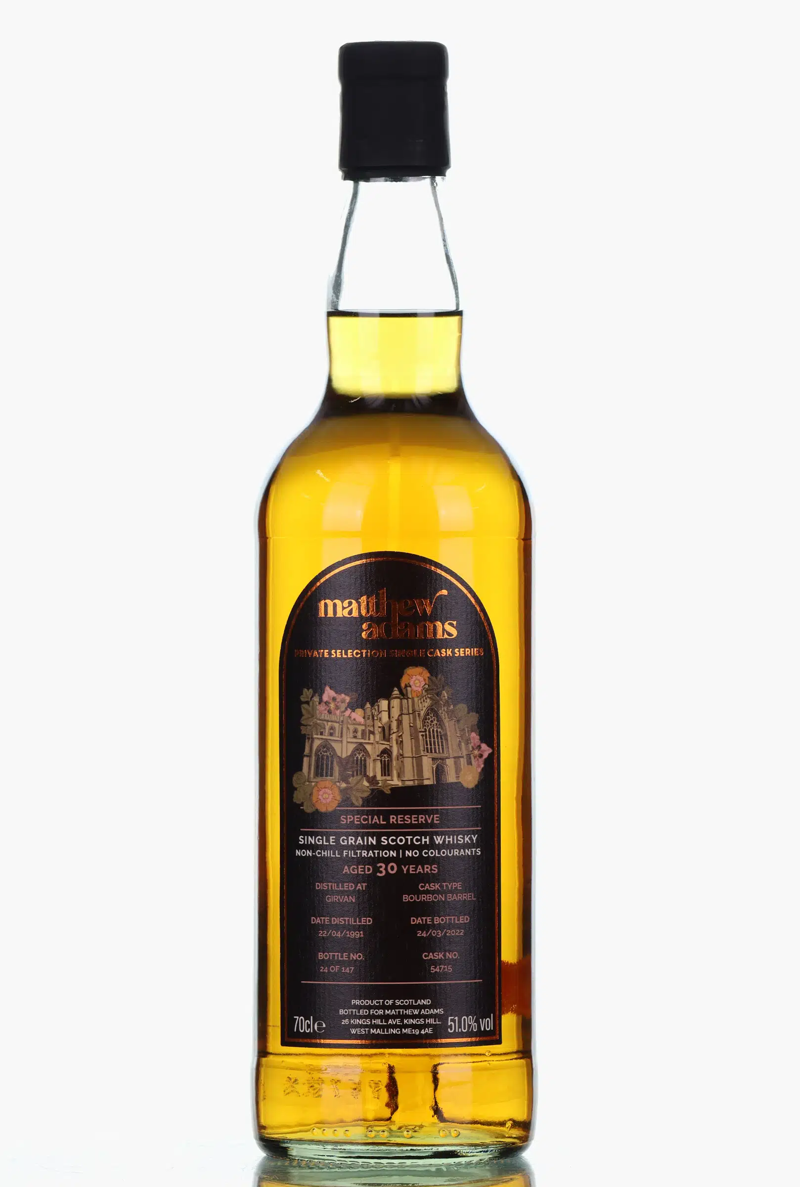 Girvan Private Selection Single Cask Series 30 Year Old, Bourbon Cask, Cask #54715, 1991, Matthew Adams, 51% whisky bottle