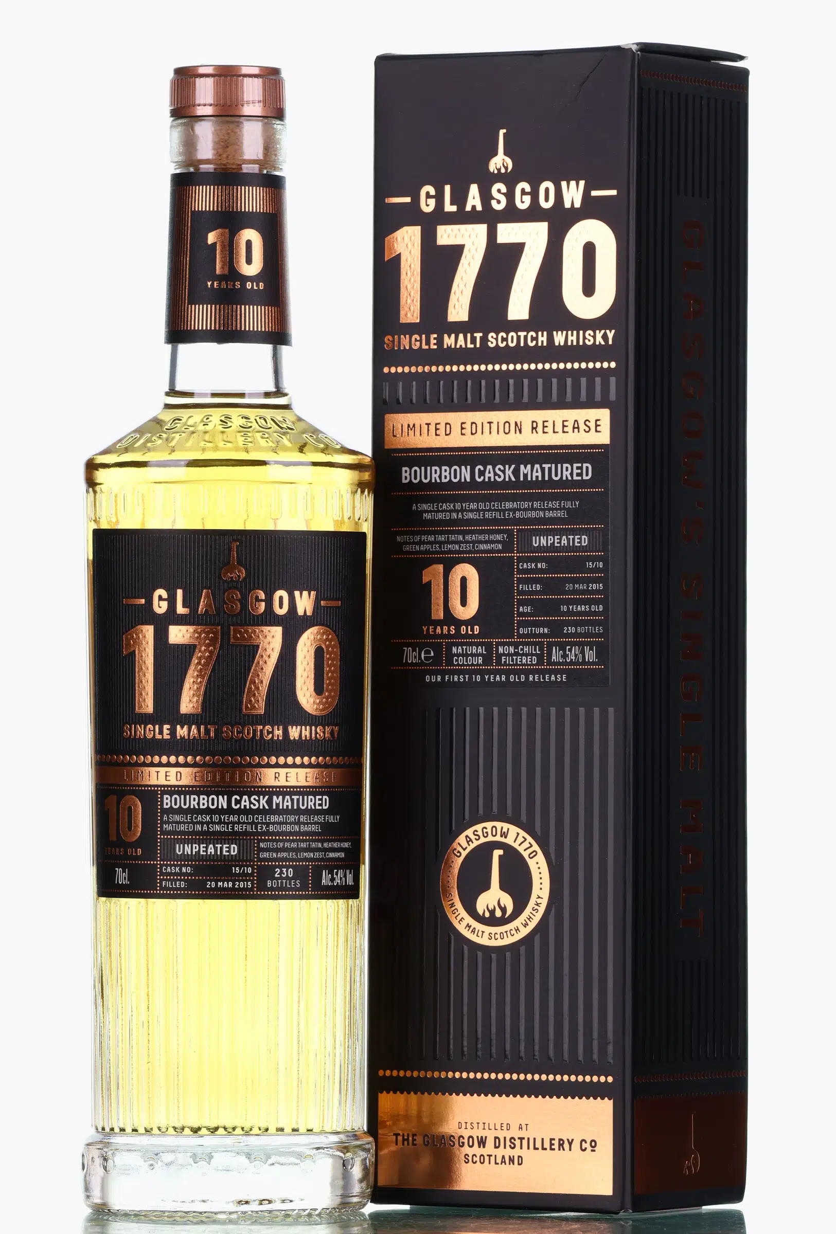 Glasgow 1770 Single Malt Limited Edition Release 10 Year Old, Bourbon Cask, Cask #15/10, 2020, 54% whisky bottle