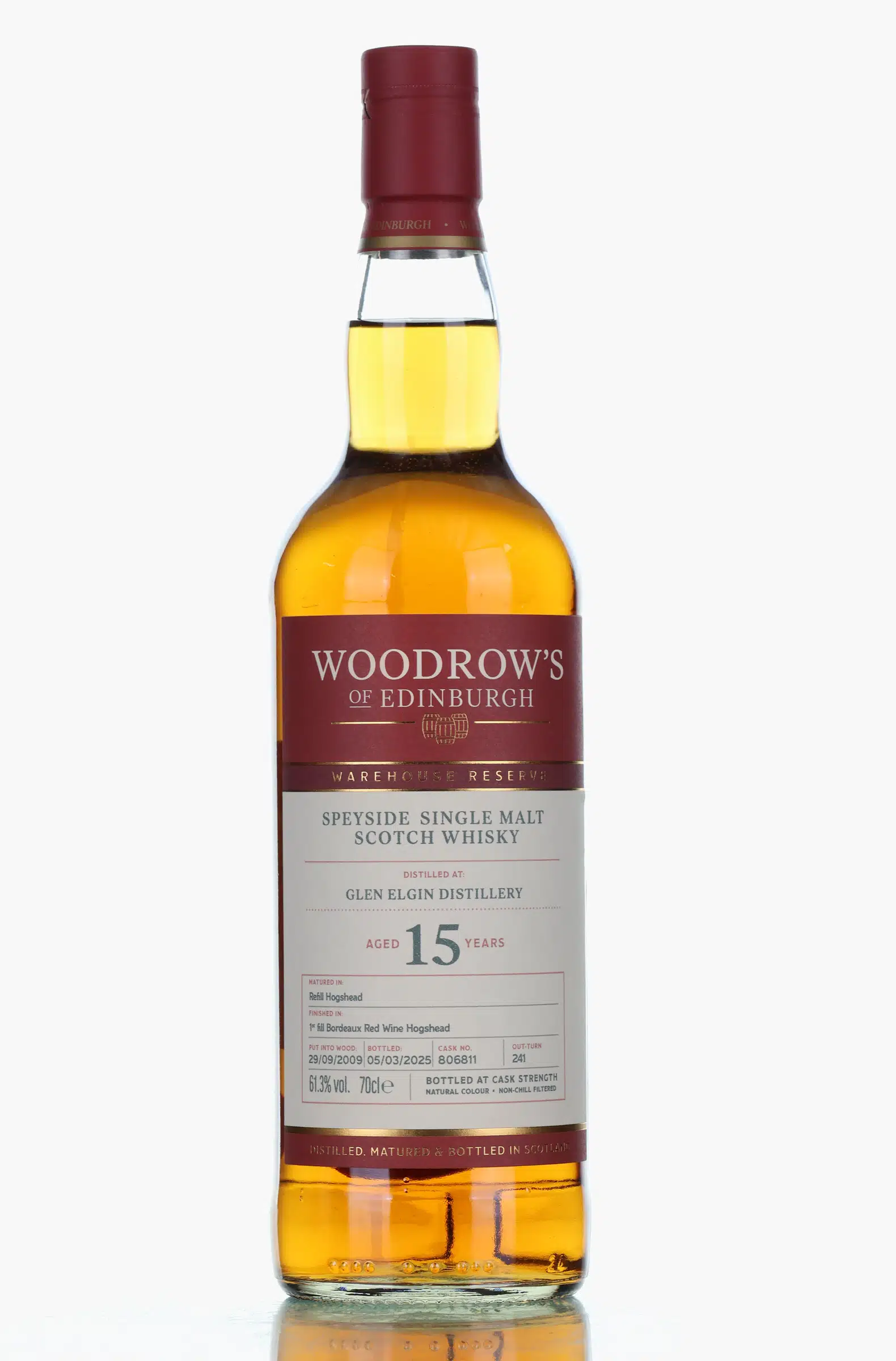 Glen Elgin 15 Year Old, Bordeaux Red Wine Cask, Cask #806811, 2009, Woodrow's of Edinburgh, 61.3% whisky bottle