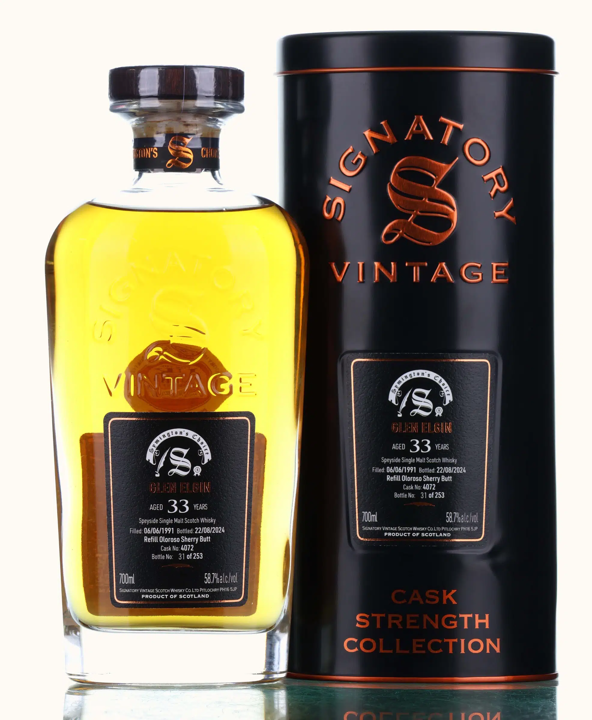 Glen Elgin Symington's Choice 33 Year Old, Sherry Cask, Cask #4072, 1991, Signatory Vintage, 58.7% whisky bottle