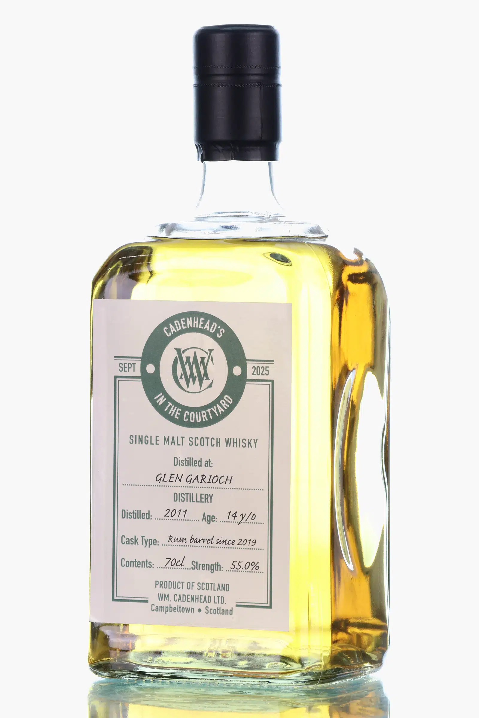 Glen Garioch In The Courtyard 14 Year Old, Rum Cask, 2011, Cadenhead's, 55% whisky bottle