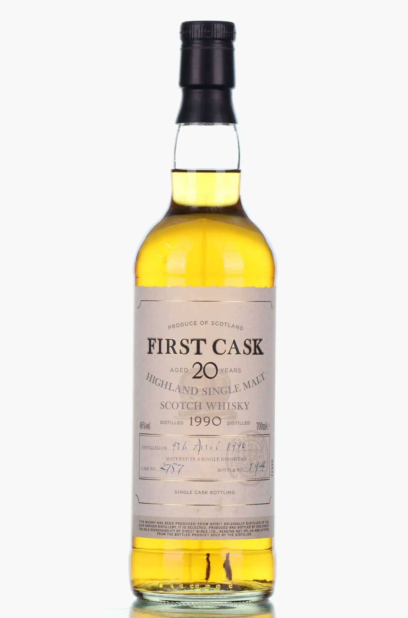 Glen Garioch First Cask 20 Year Old, Hogshead Cask, Cask #2757, 1990, First Cask, 46% whisky bottle