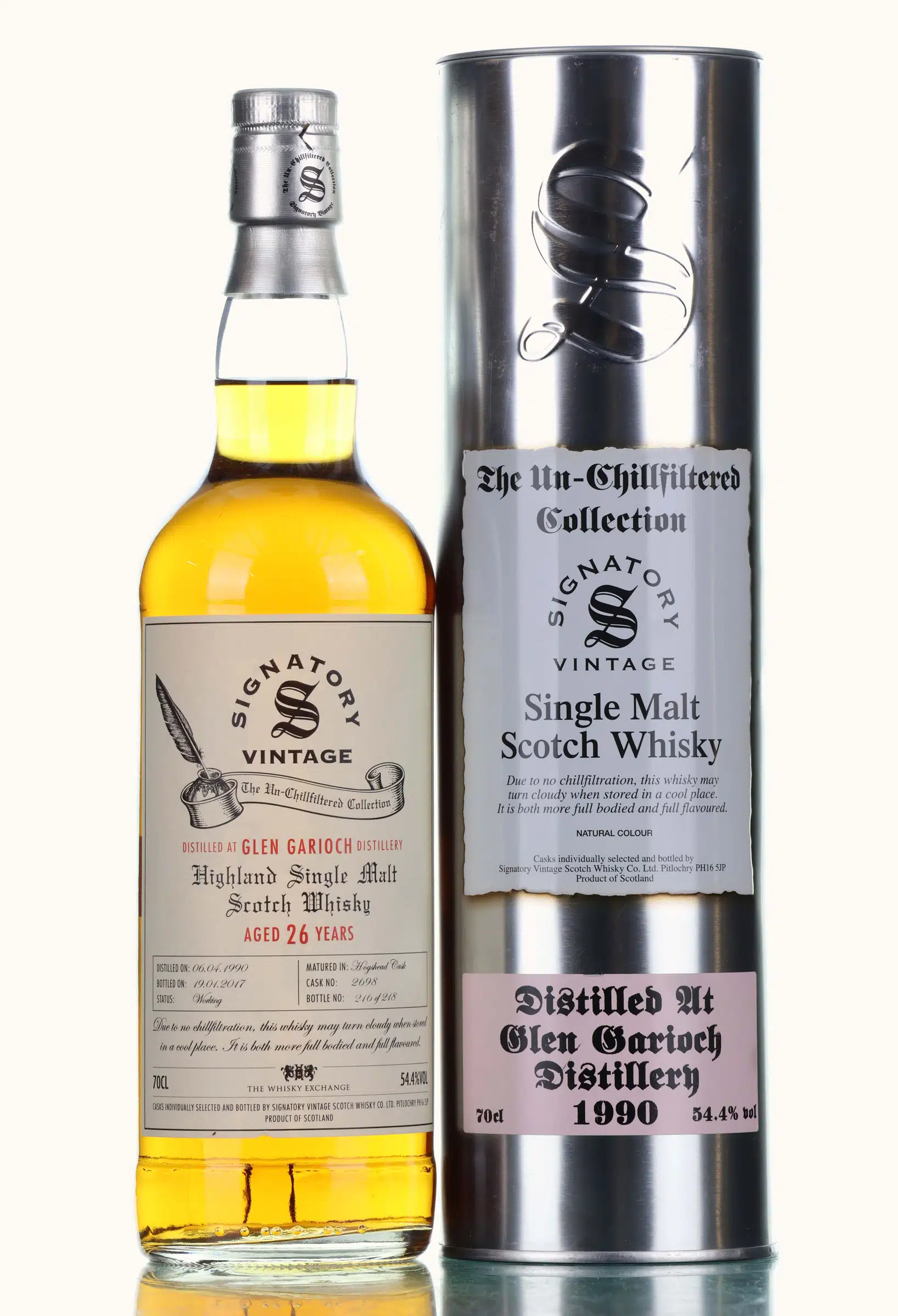 Glen Garioch The Un-Chillfiltered Collection 26 Year Old, Hogshead Cask, Cask #26428, 1990, Signatory Vintage, 54.4% whisky bottle