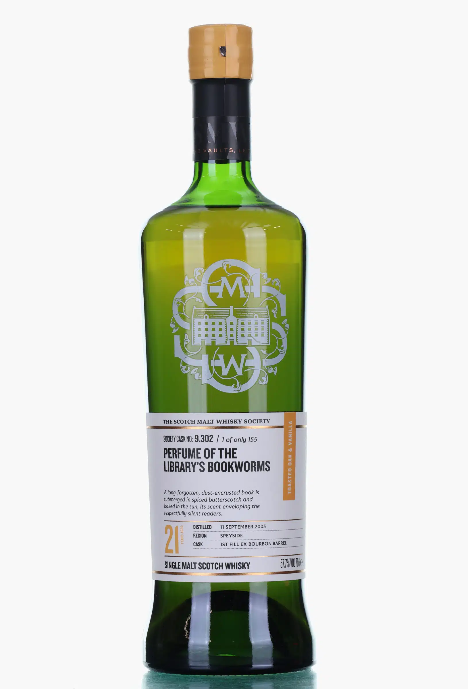 Glen Grant Perfume of the library's bookworms 21 Year Old, Bourbon Cask, Cask #302, 2003, The Scotch Malt Whisky Society, 57.7% whisky bottle