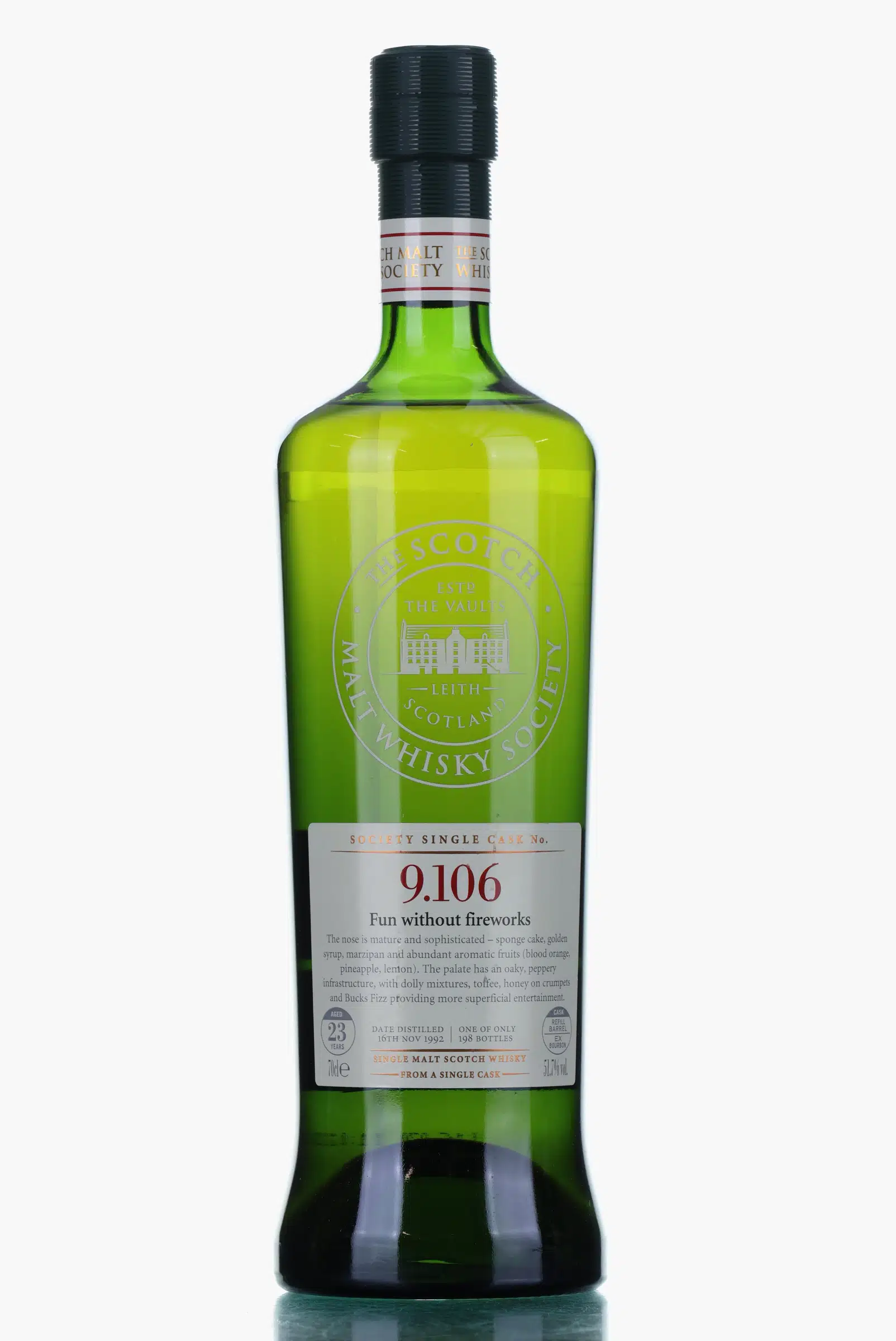 Glen Grant Fun without Fireworks 23 Year Old, Refill Ex-Bourbon Barrel Cask, Cask #9.106, 1992, Scotch Malt Whisky Society, 51.7% whisky bottle