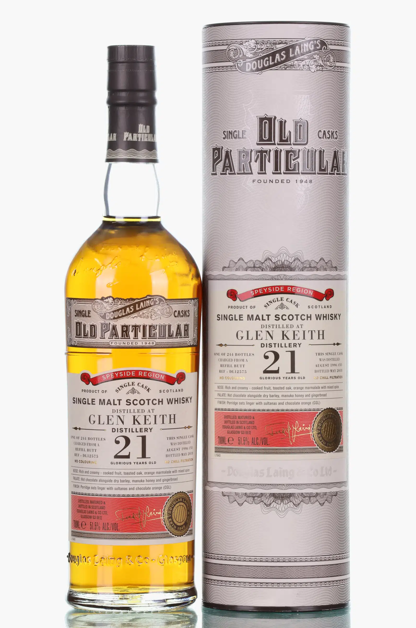 Glen Keith Old Particular 21 Year Old, Refill Butt Cask, 1996, Douglas Laing, 51.5% whisky bottle