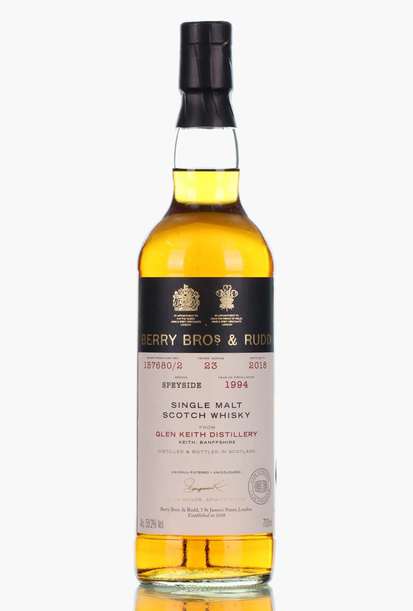 Glen Keith 23 Year Old, Bourbon Cask, Cask #157680/2, 1994, Berry Bros & Rudd, 58.2% whisky bottle