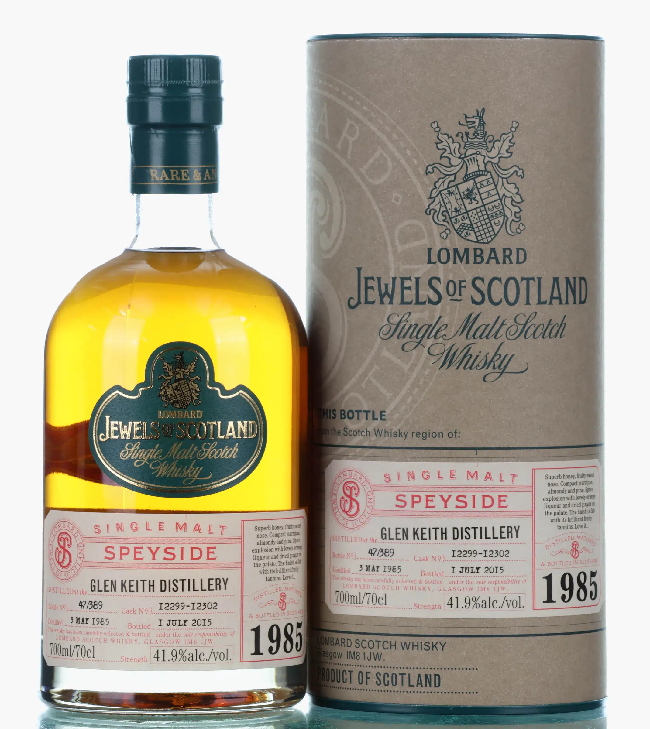 Glen Keith Jewels of Scotland 30 Year Old, Bourbon Cask, Cask #12299-12302, 1985, Lombard, 41.9% whisky bottle