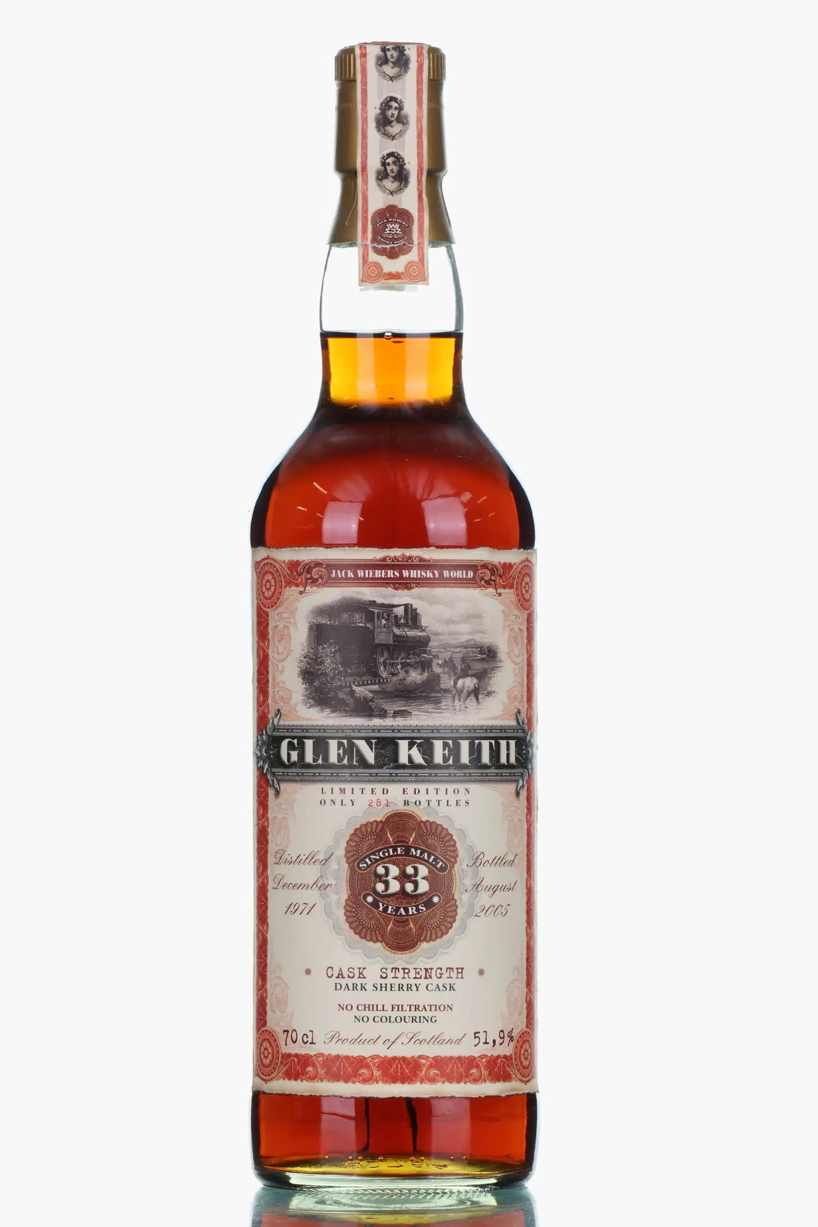 Glen Keith 1971 Old Train Line 33 Year Old, Sherry Cask, Cask #0473, 1971, Jack Wiebers Whisky World, 51.9% whisky bottle