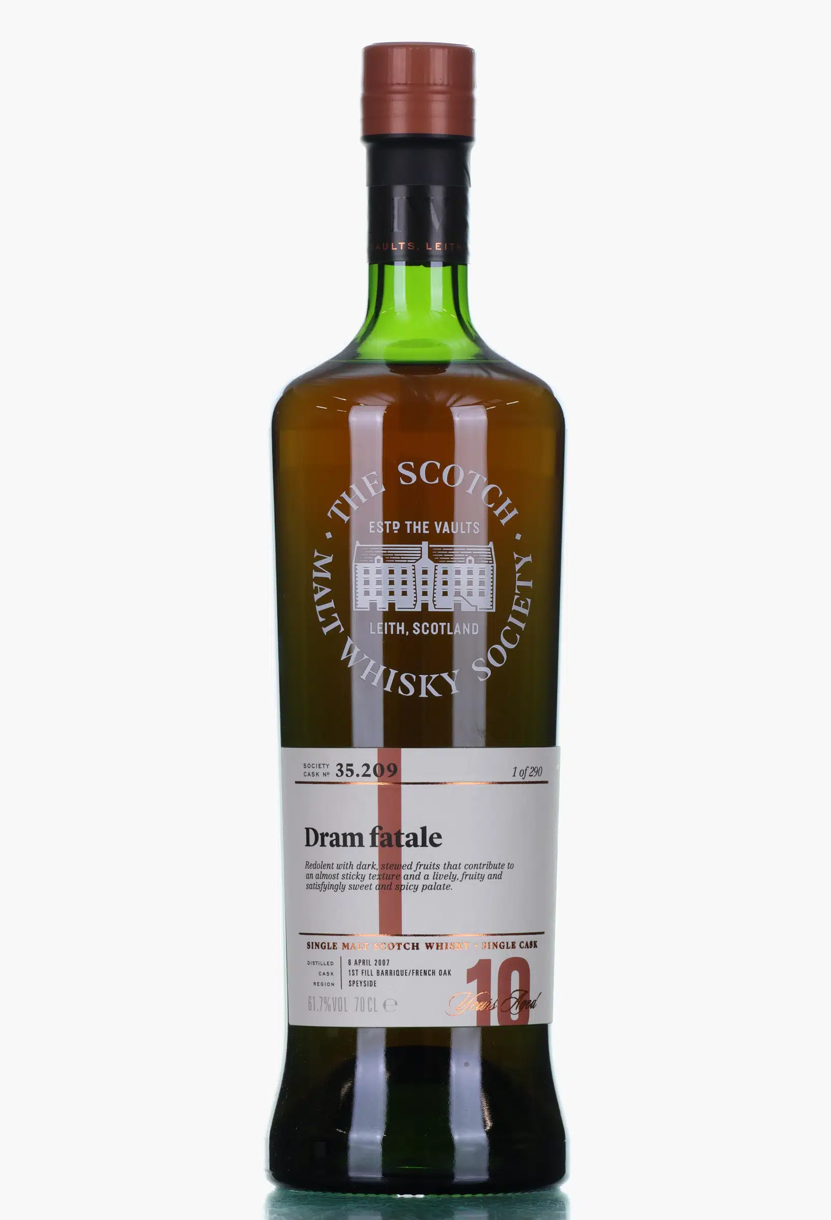 Glen Moray Dram Fatale 10 Year Old, French Oak Barrique Cask, Cask #35.227, 2007, The Scotch Malt Whisky Society, 61.7% whisky bottle