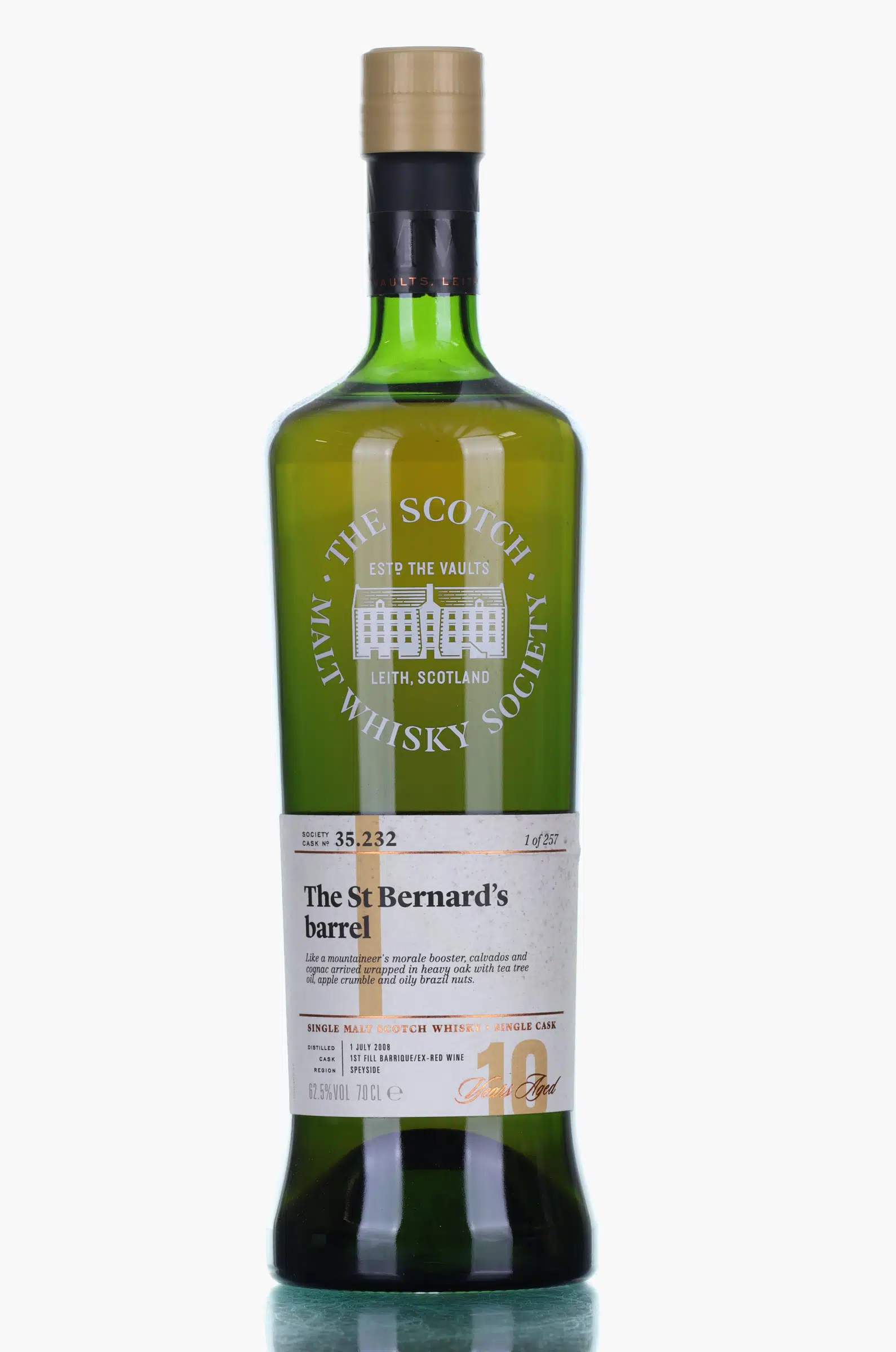 Glen Moray The St Bernard's Barrel 10 Year Old, Red Wine Barrique Cask, Cask #35.232, 2008, The Scotch Malt Whisky Society, 62.5% whisky bottle