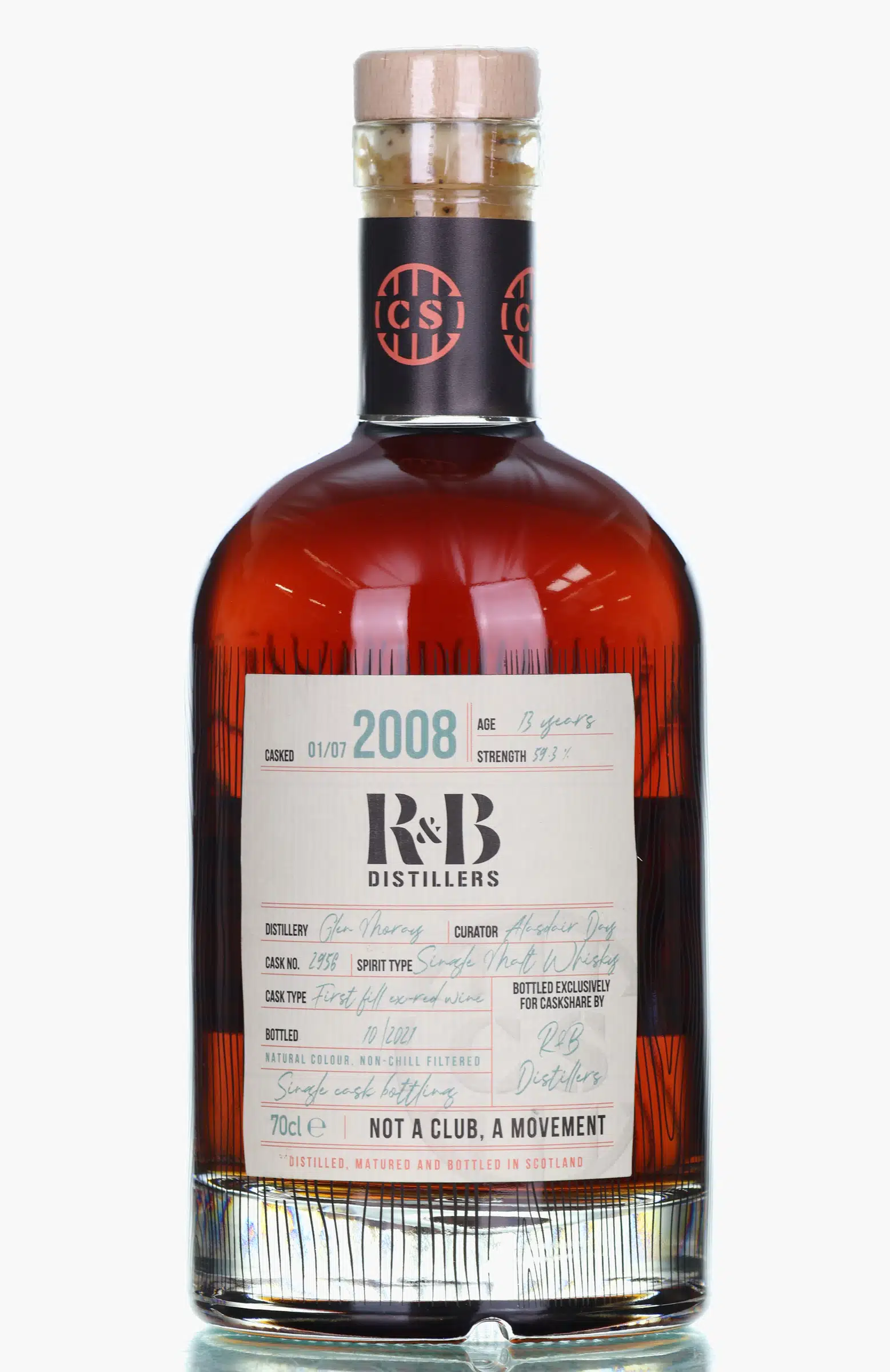 Glen Moray 13 Year Old, Red Wine Cask, Cask #2956, 2008, R&B Distillers, 59.3% whisky bottle